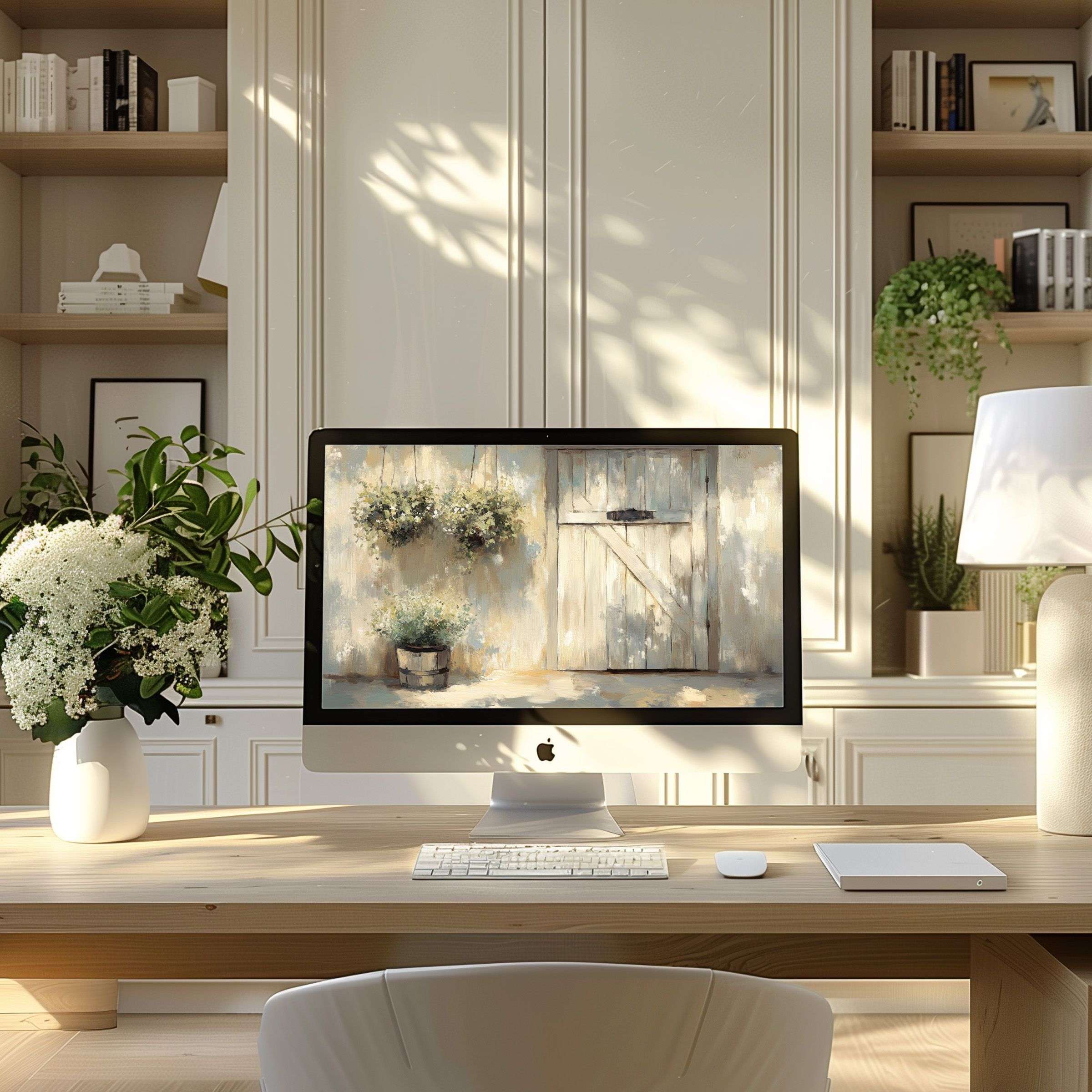 Elegant digital wallpaper for computer showcasing a rustic door scene, perfect for PC and laptop, inspiring calm in a modern home office