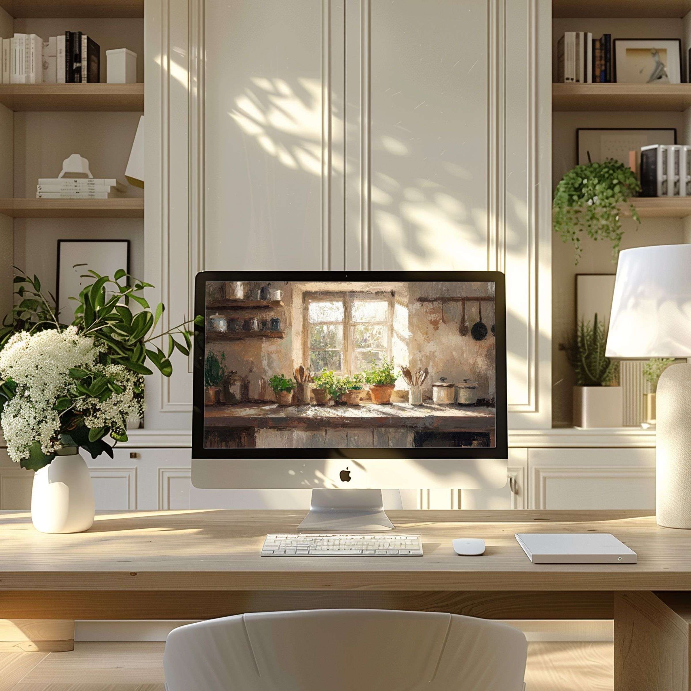 Elegant digital download features serene kitchen motif, perfect wallpaper for computer, PC, and laptop, inspiring modern home office