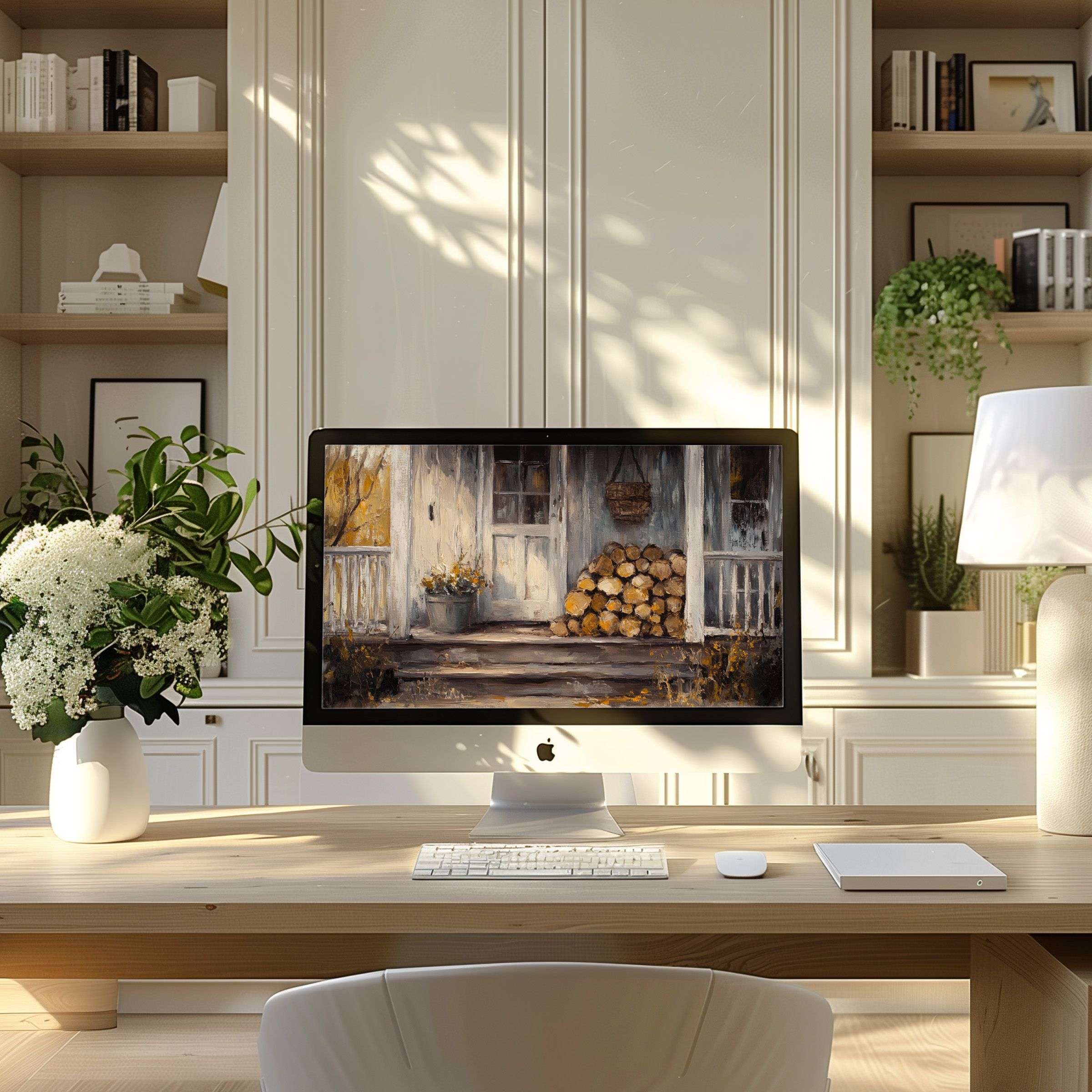 Calming digital art wallpaper for computer, ideal for PC and laptop in a modern office, inspiring elegance and serenity
