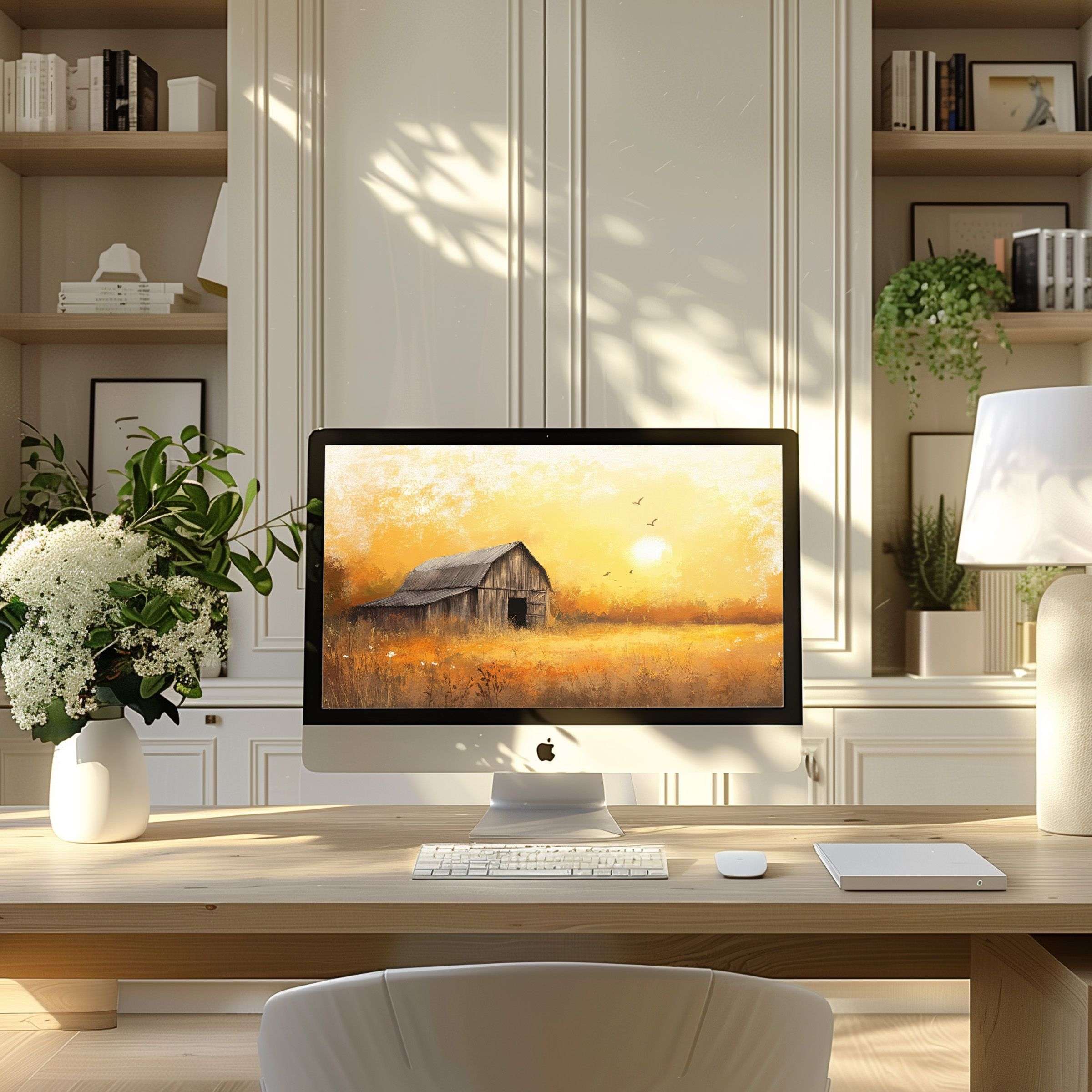 Elegant barn scene wallpaper for computer, PC, or laptop inspires calm and sophistication in a modern home office download