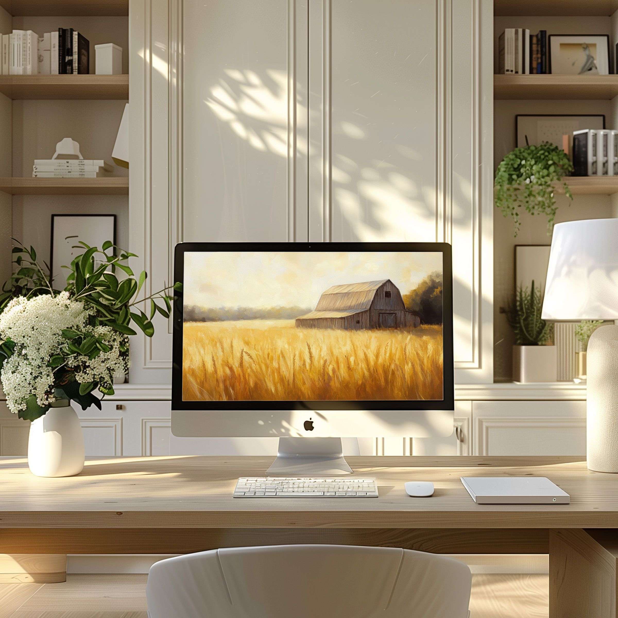 Elegant golden field artwork creates a serene wallpaper for computer in modern home office, perfect for PC or Laptop screens