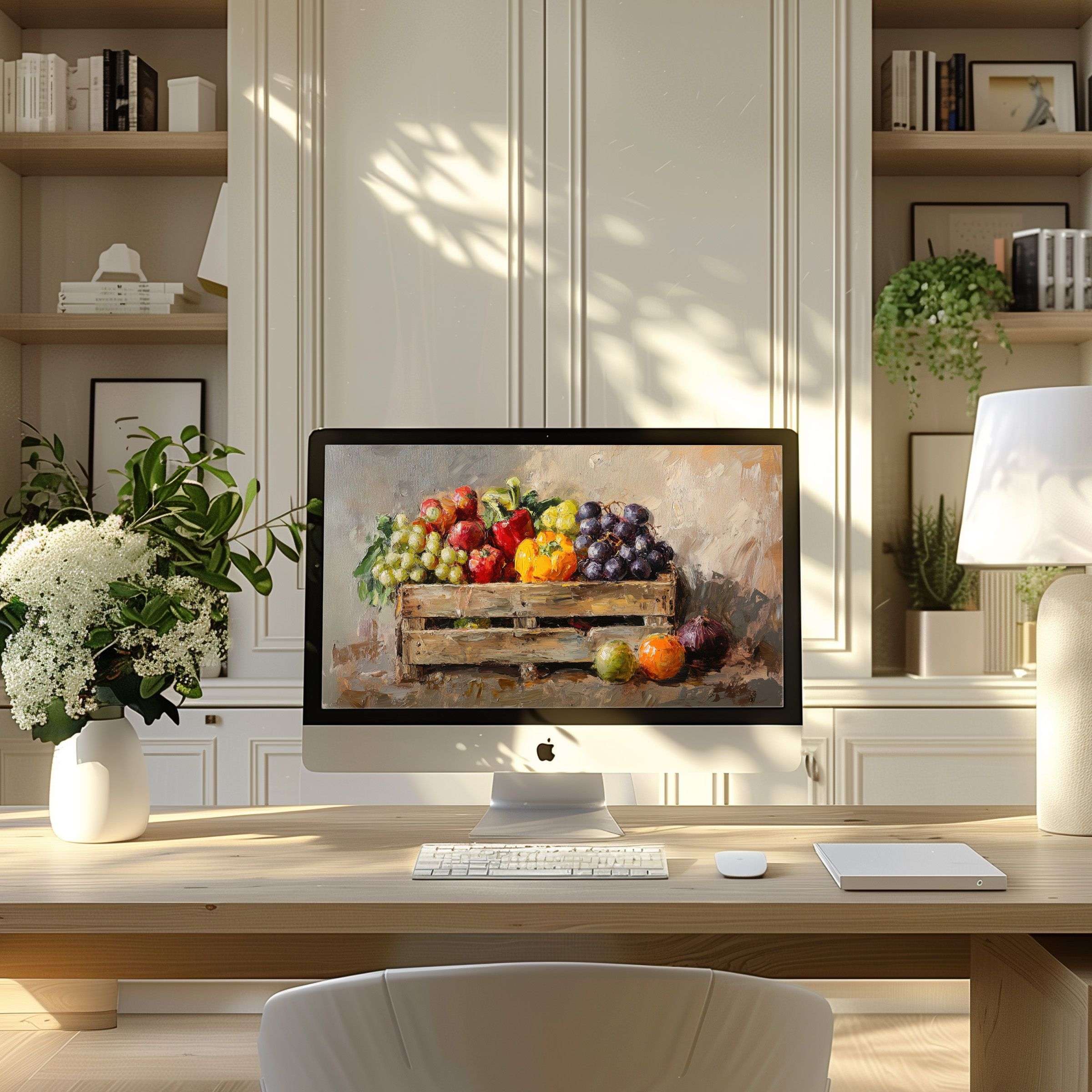 Vibrant fruit crate digital art enhances a modern home office setting, ideal wallpaper for computer, PC, and laptop inspiration
