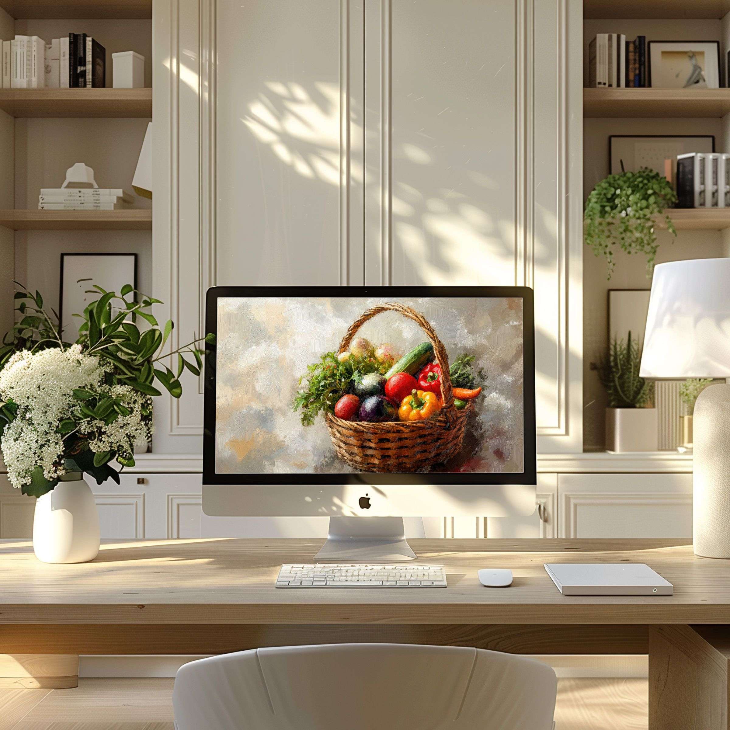 Elegant basket of fruits near a vase on modern desk, perfect wallpaper for computer, PC, and laptop, inspiring calm design
