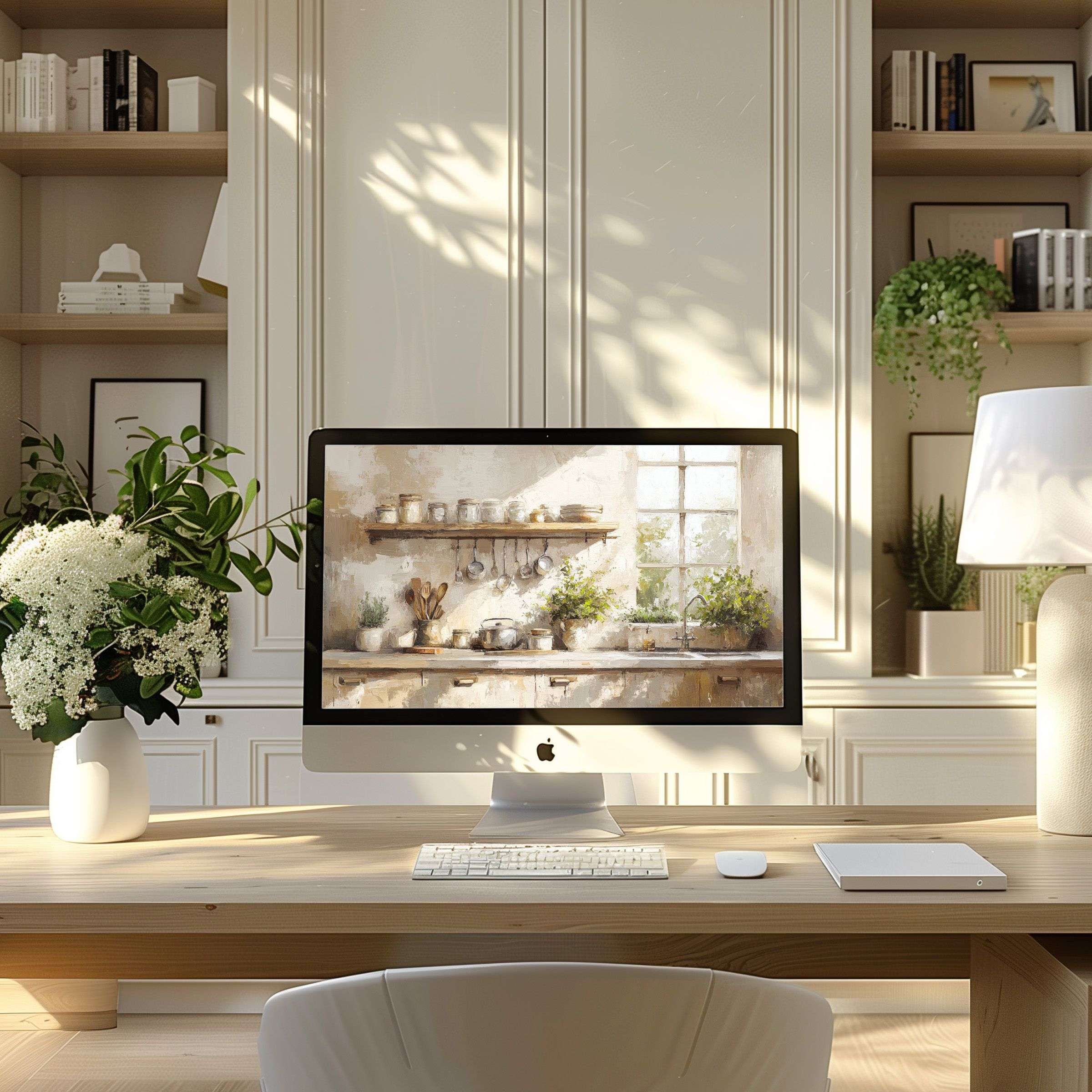Calming digital art wallpaper for computer, PC, and laptop, adding elegance and inspiration to a modern home office setting