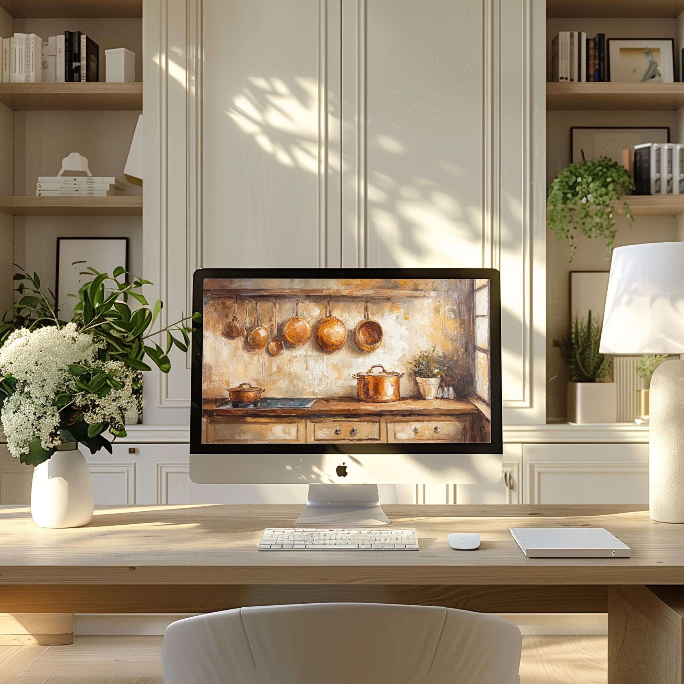 Elegant kitchen-themed digital art, perfect wallpaper for computer, PC, and laptop, enhancing home office calm and inspiration