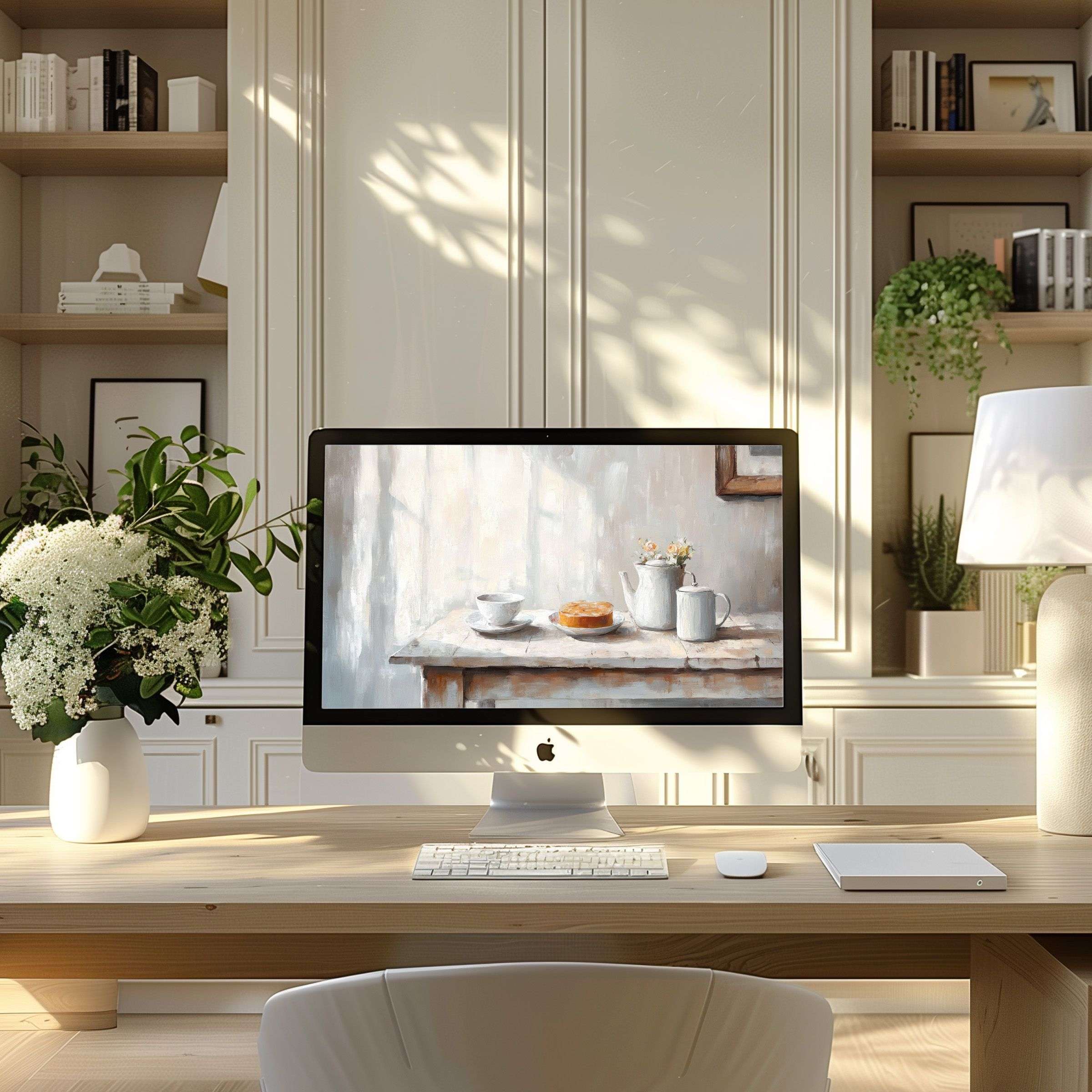 Elegant digital art wallpaper for computer blending soothing tones elevates modern home office aesthetics for PC and laptop screens