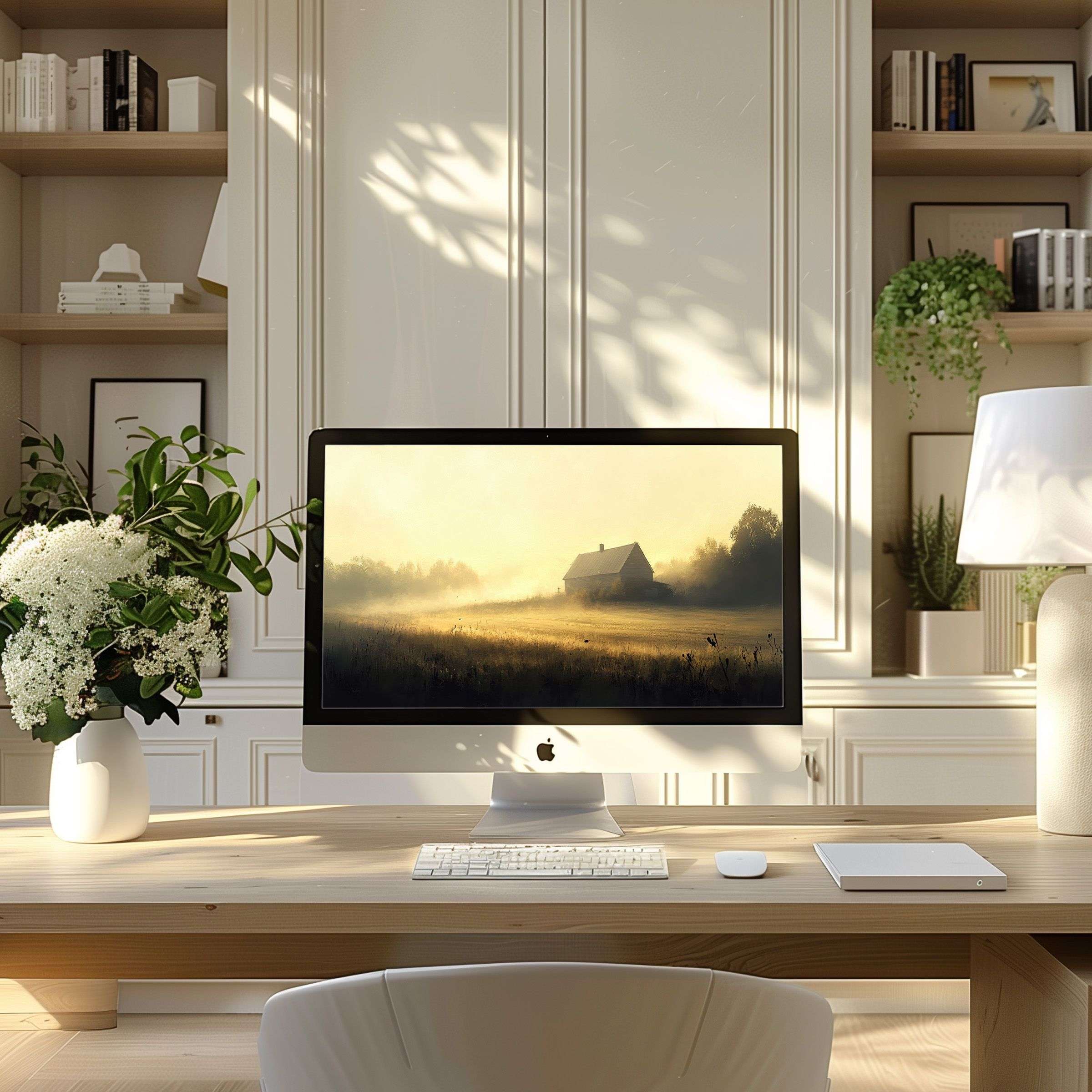 Elegant computer wallpaper for PC and Laptop featuring serene landscape art in a stylish home office inspires calm and creativity