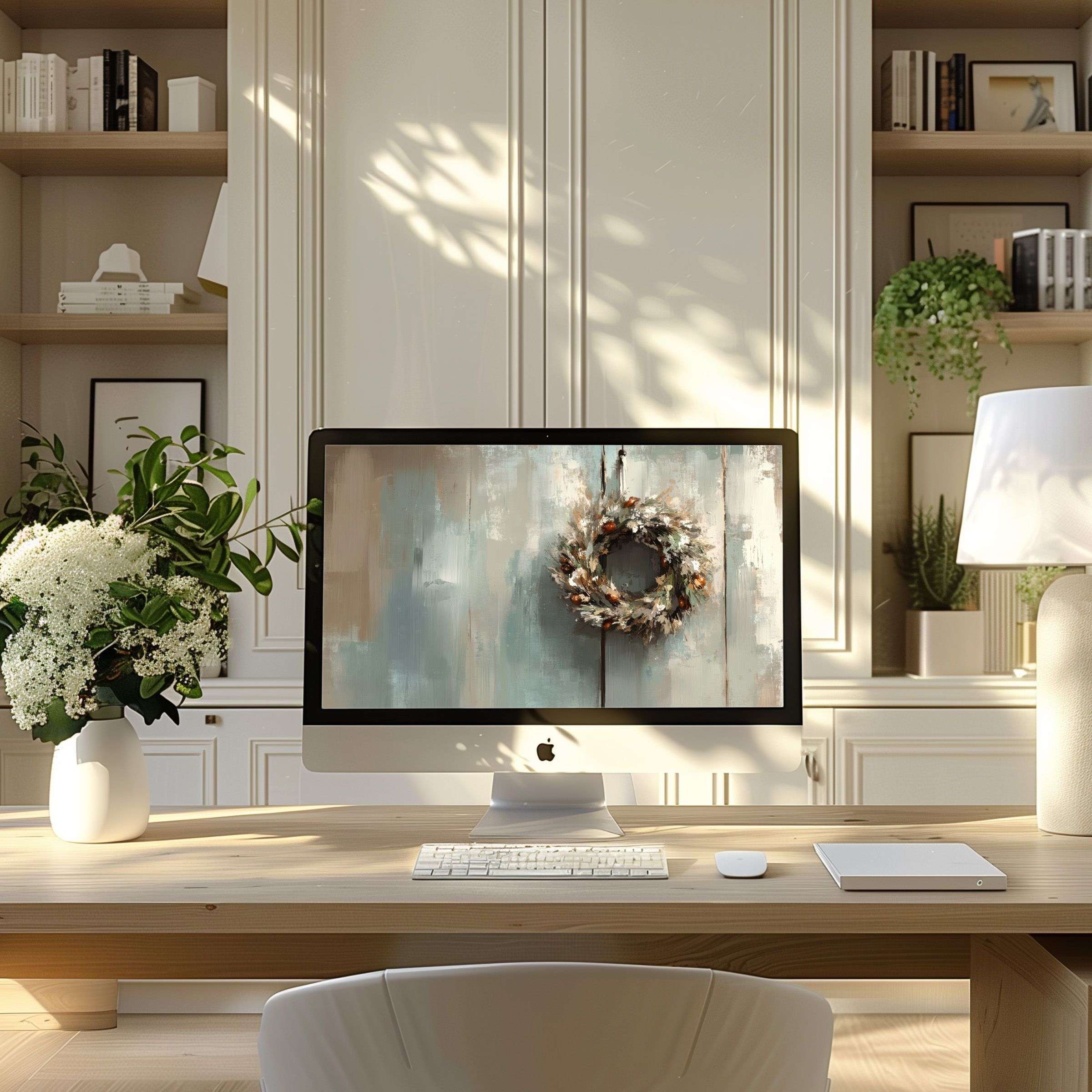 Elegant abstract wreath wallpaper for computer creating calm, inspiring ambience in a modern home office for PC and Laptop users