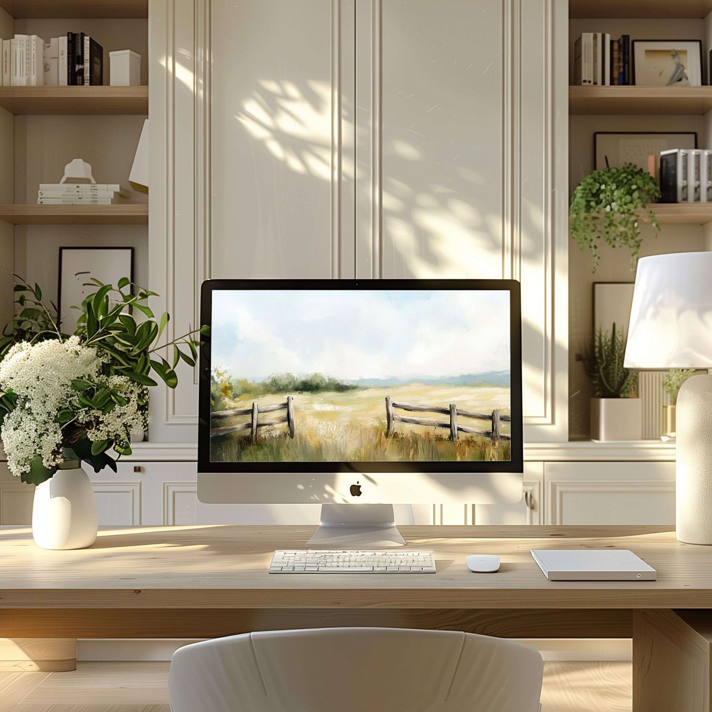 Calming landscape wallpaper for computer adds elegance to modern home office inspiring creativity on PC and Laptop screens