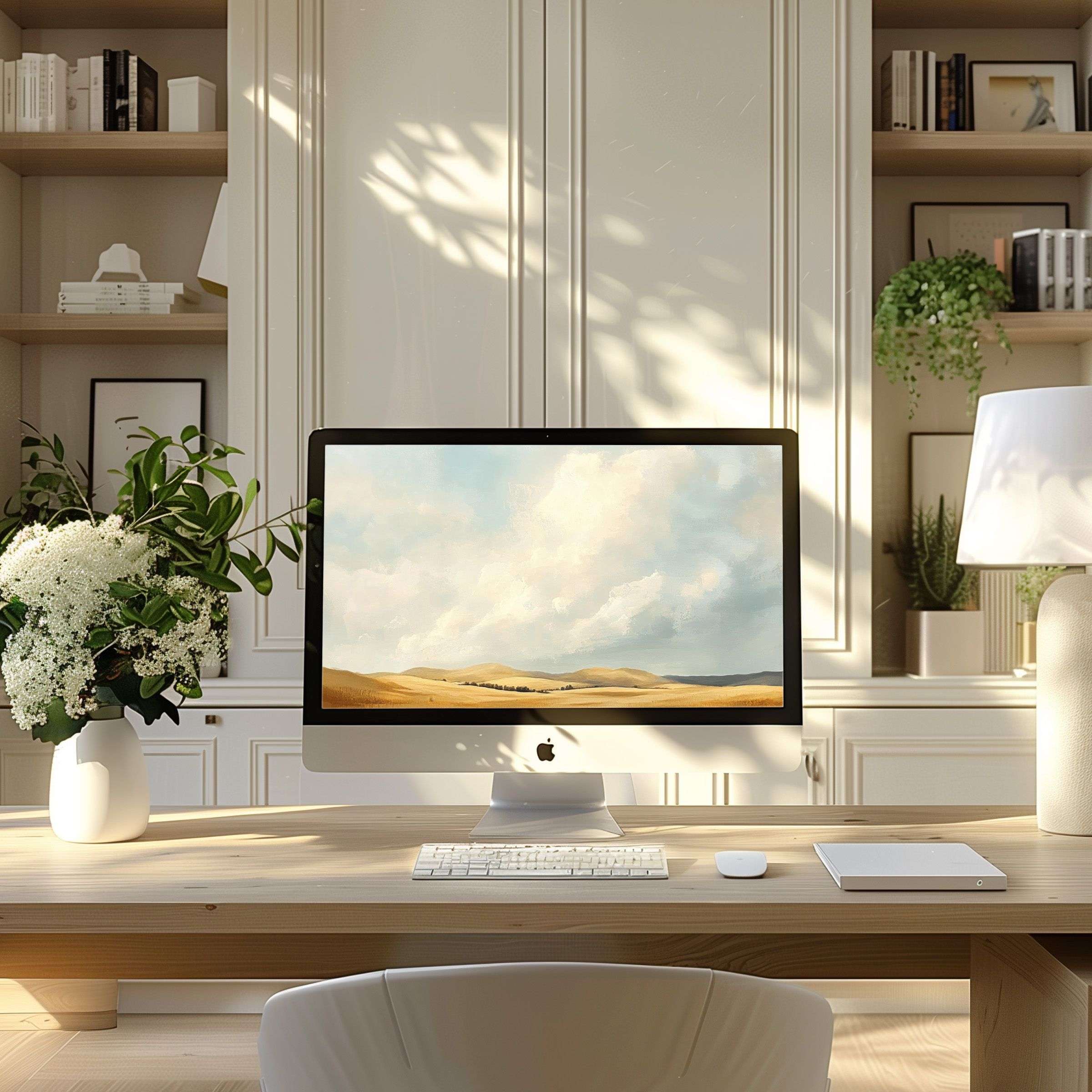 Elegant landscape wallpaper for computer on modern home office desk with PC and laptop options, inspiring and calming ambiance