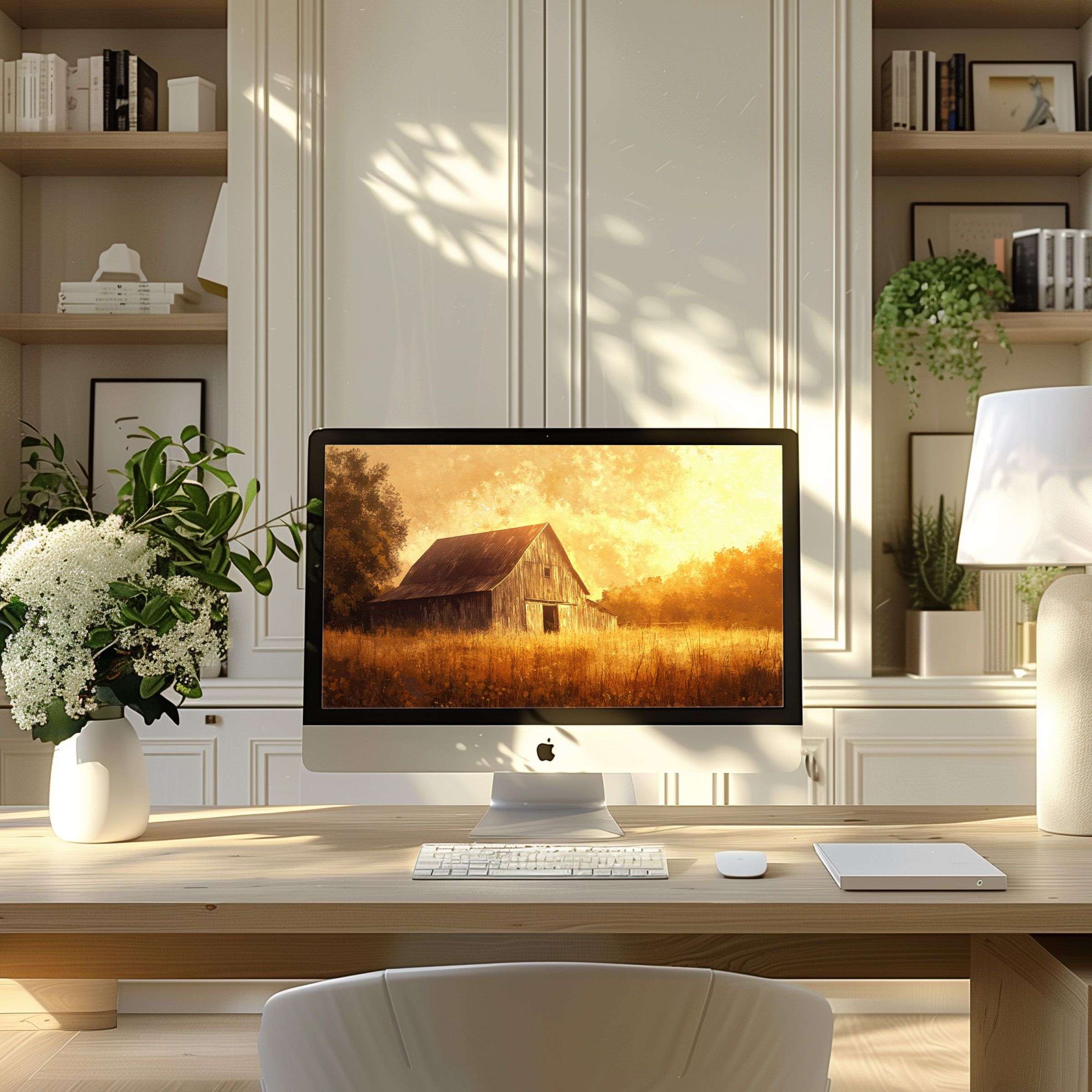 Elegant digital art featuring a sunlit barn, perfect wallpaper for computer, PC and laptop to inspire modern home office tranquility