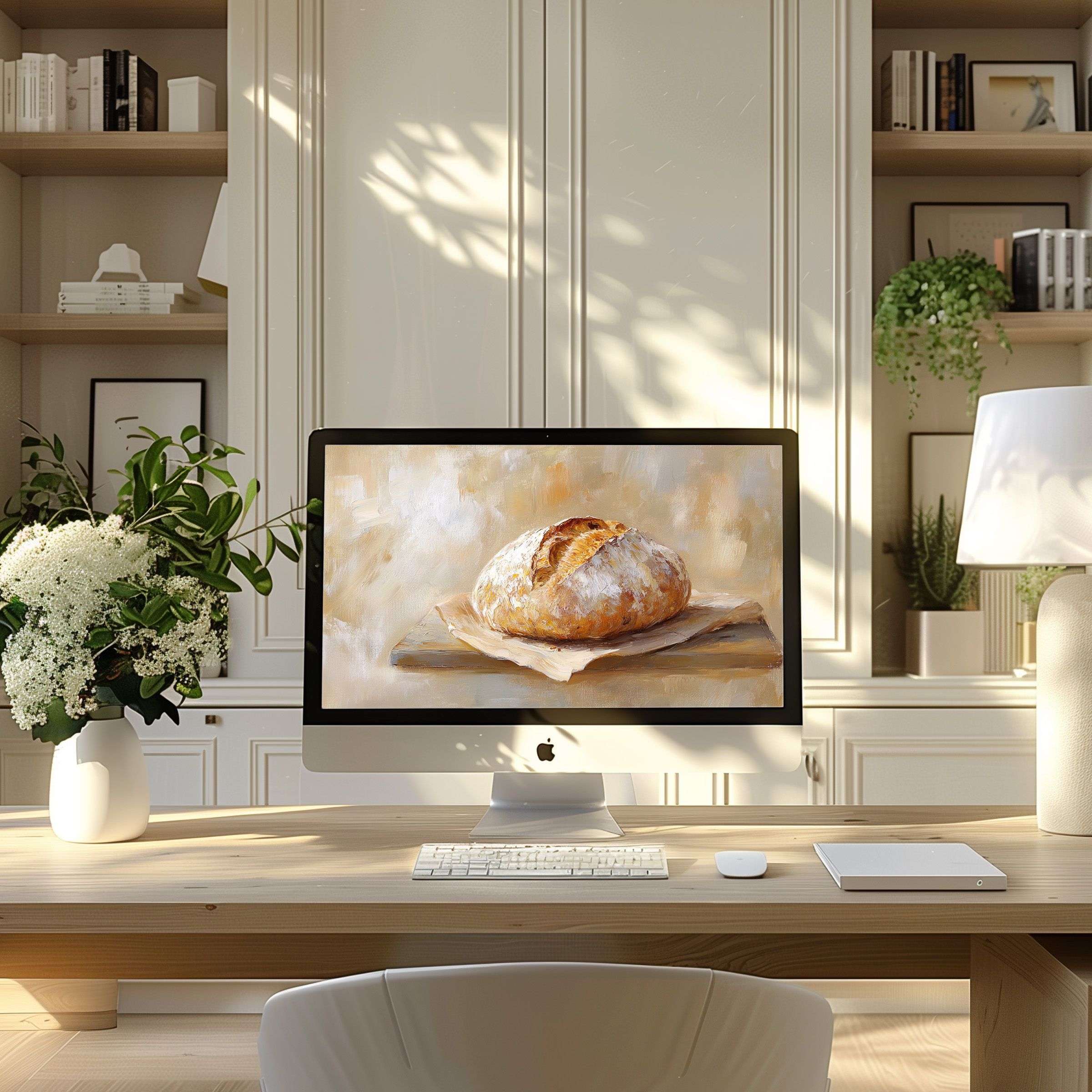 Elegant artwork of rustic bread on a stylish desk enhances calm in modern home office settings; perfect wallpaper for computer, PC, or laptop