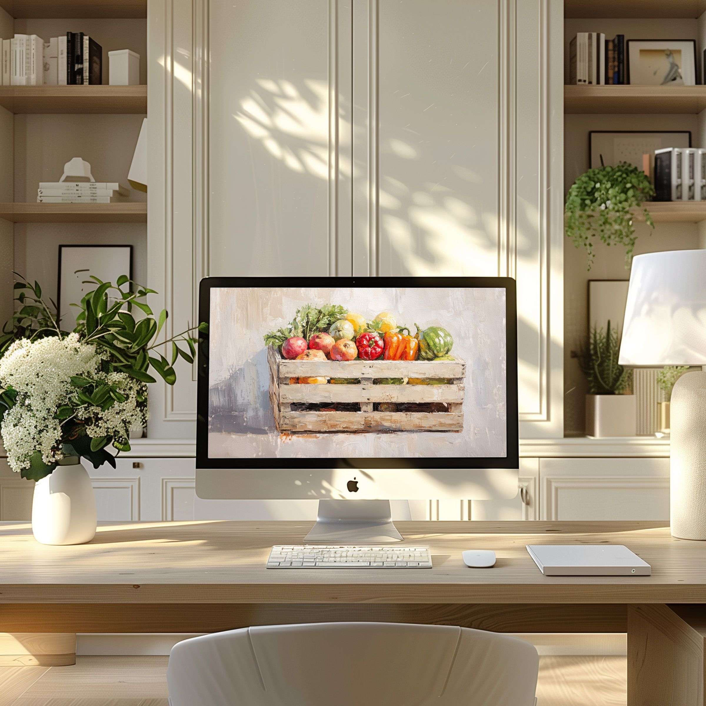 Inspiring fruit crate digital art as wallpaper for computer or laptop in a serene, modern home office setting for PC users