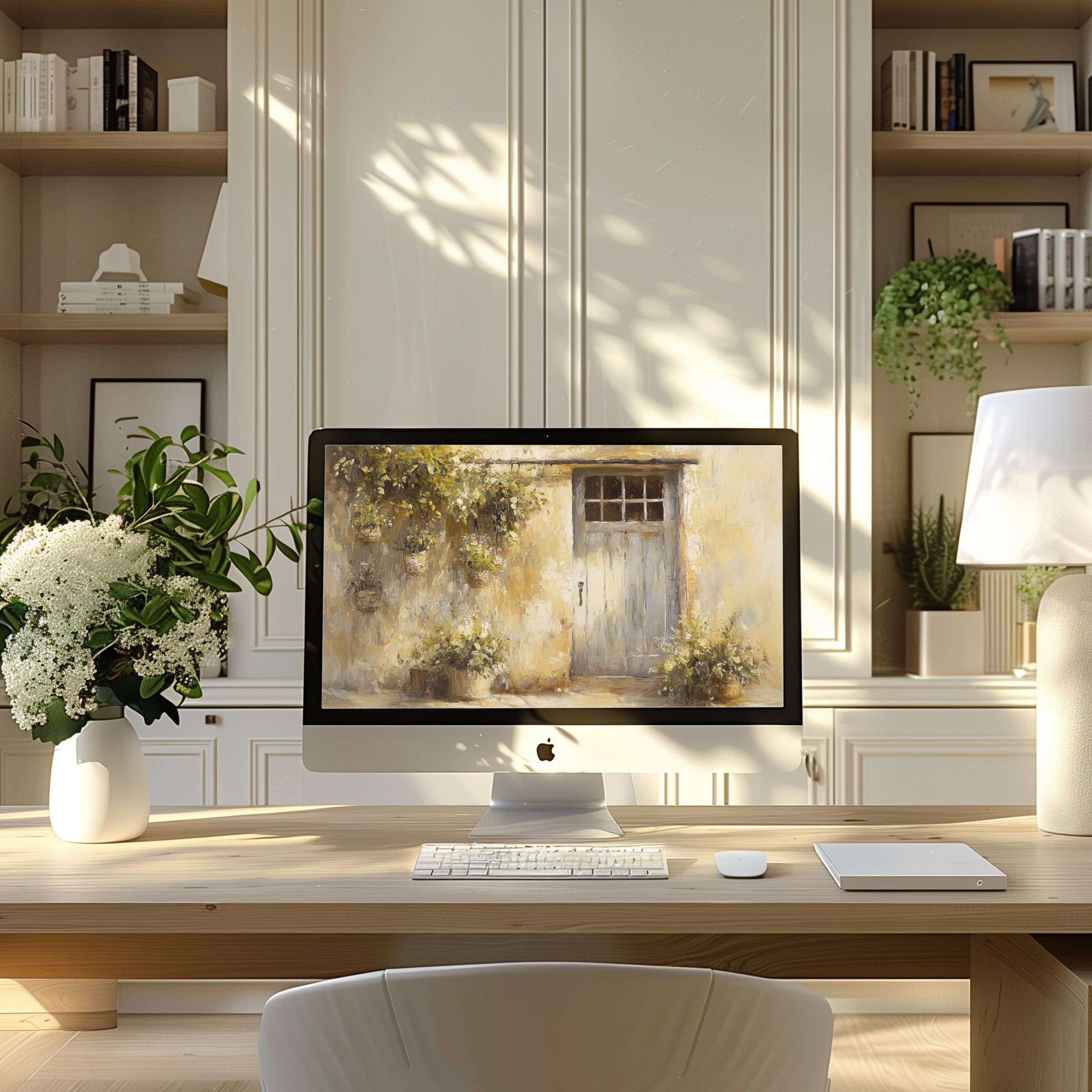 Elegant wallpaper for computer featuring serene door art complements a modern home office setup, ideal for PC and laptop screens