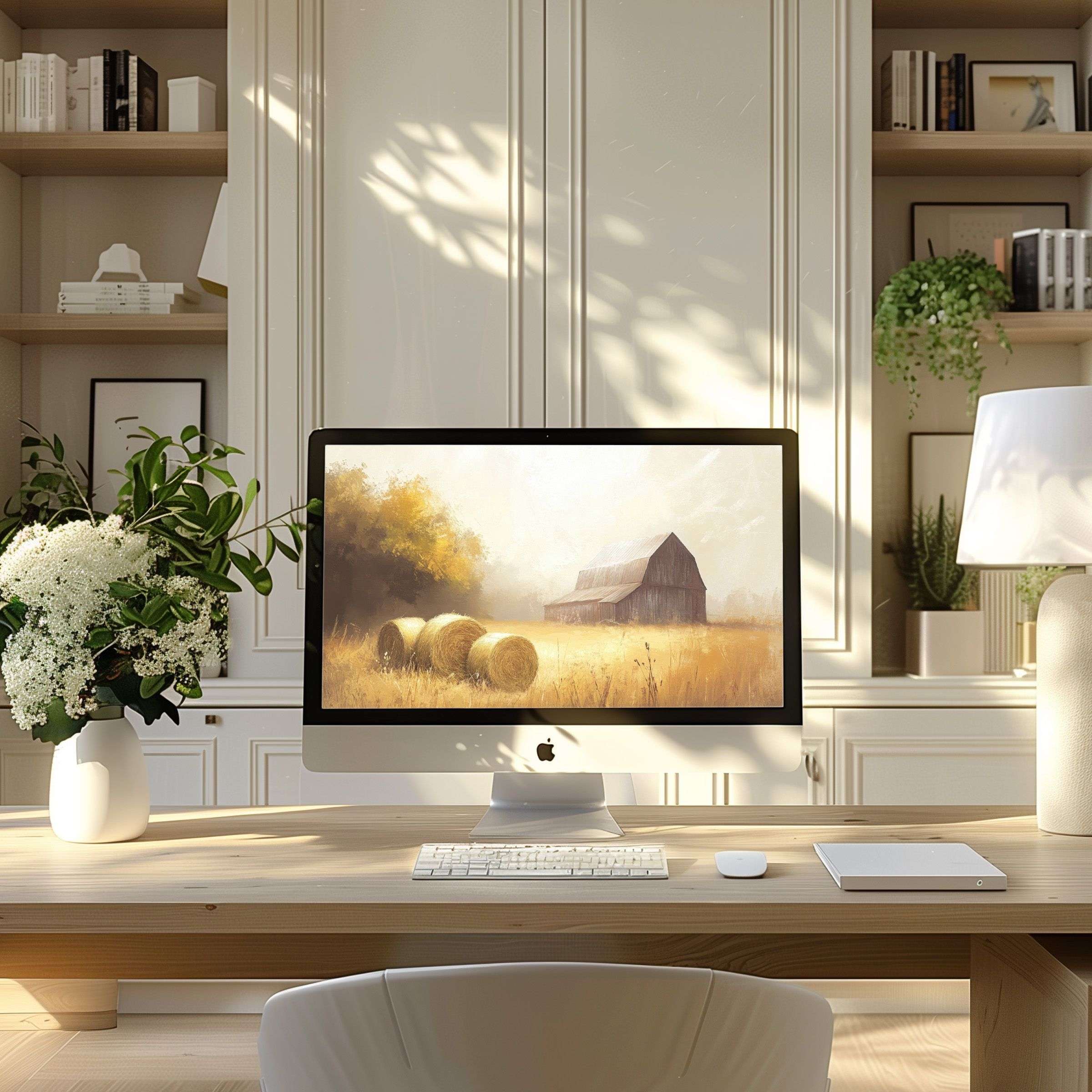 Elegant digital art wallpaper for computer depicting serene rural scene enhances modern home office on PC or laptop display