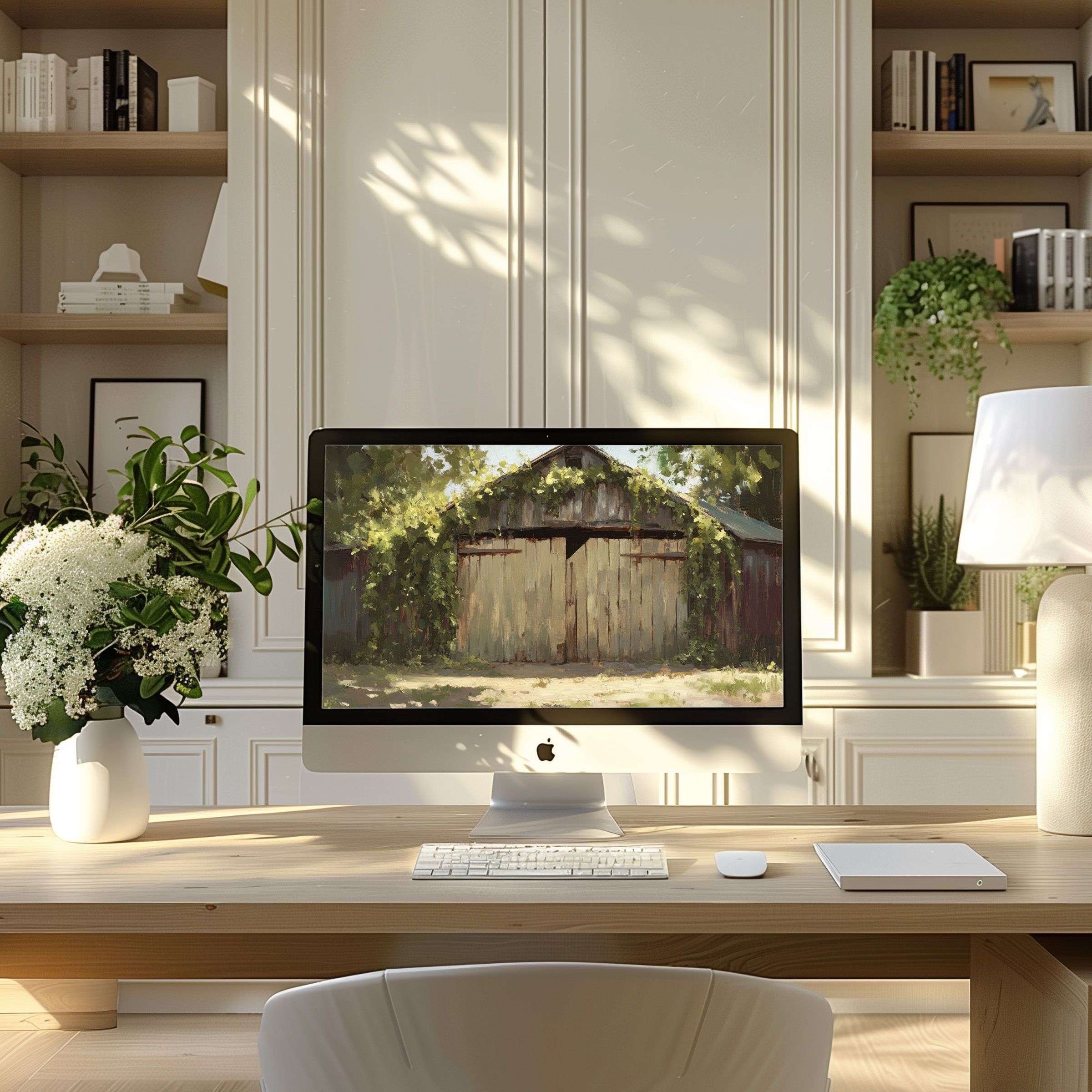 Inspiring rustic barn digital art as wallpaper for computer creating calm elegance on PC or laptop in a modern home office setting