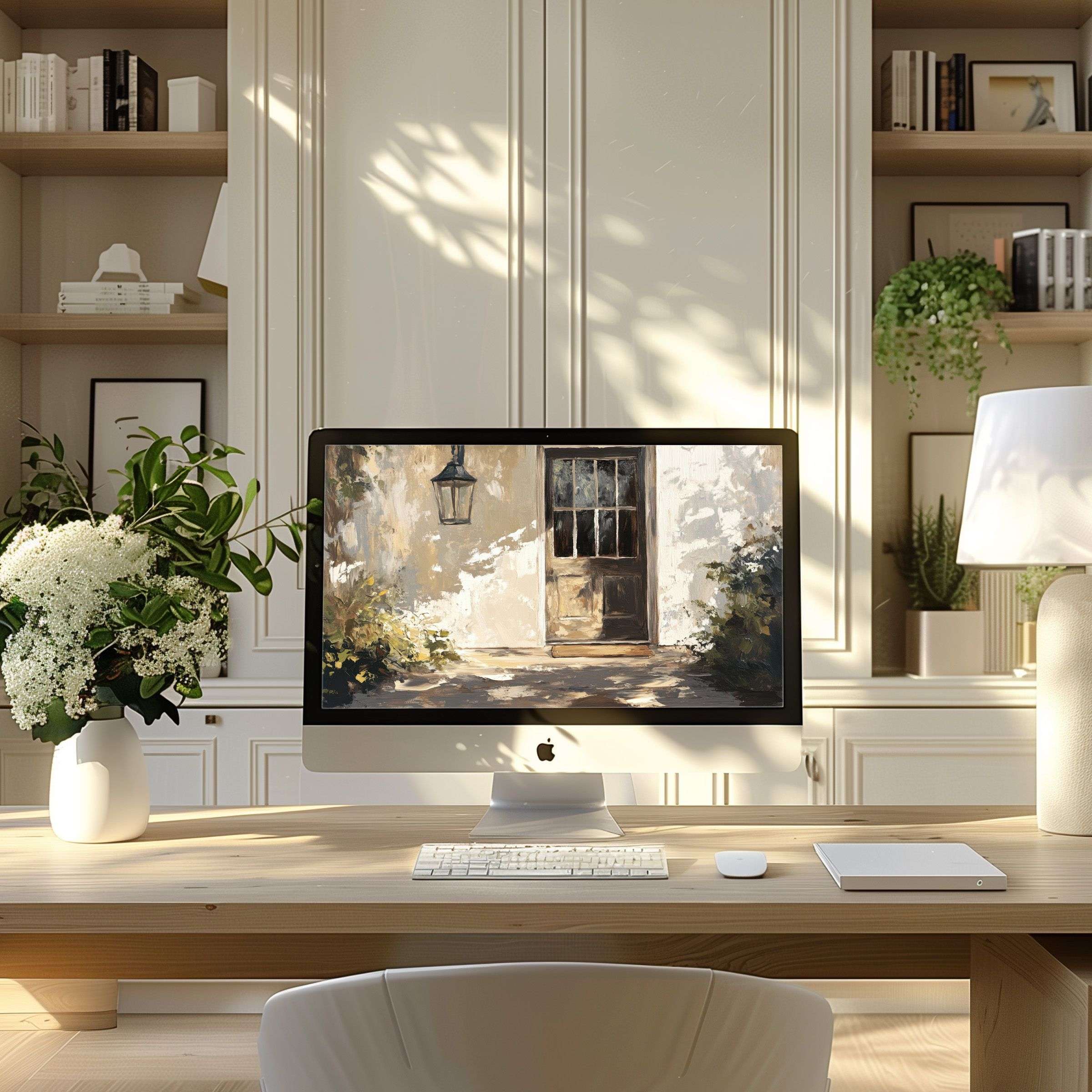Elegantly enhance your PC or Laptop with this charming vintage door wallpaper for computer ideal for inspiring home office setups
