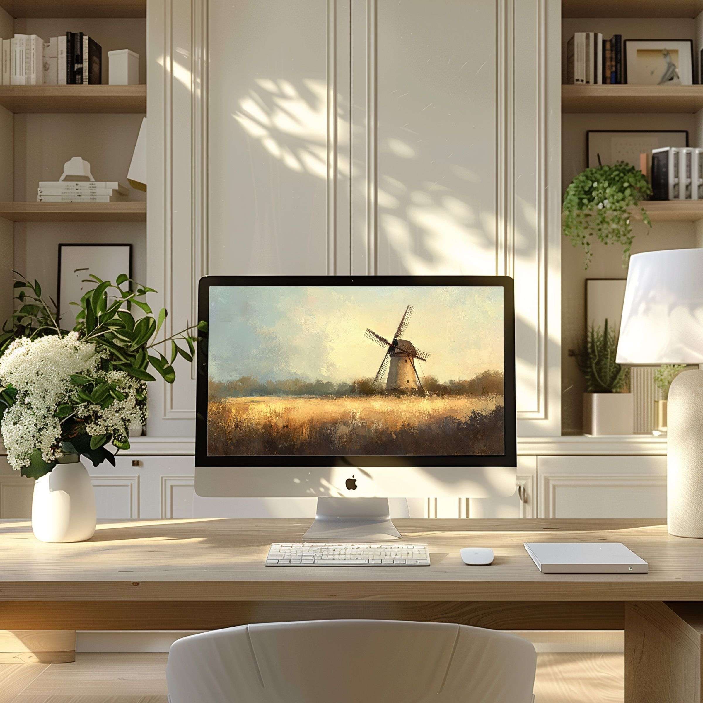 Elegant digital download featuring a serene windmill scene, perfect wallpaper for computer, PC, or laptop in modern spaces