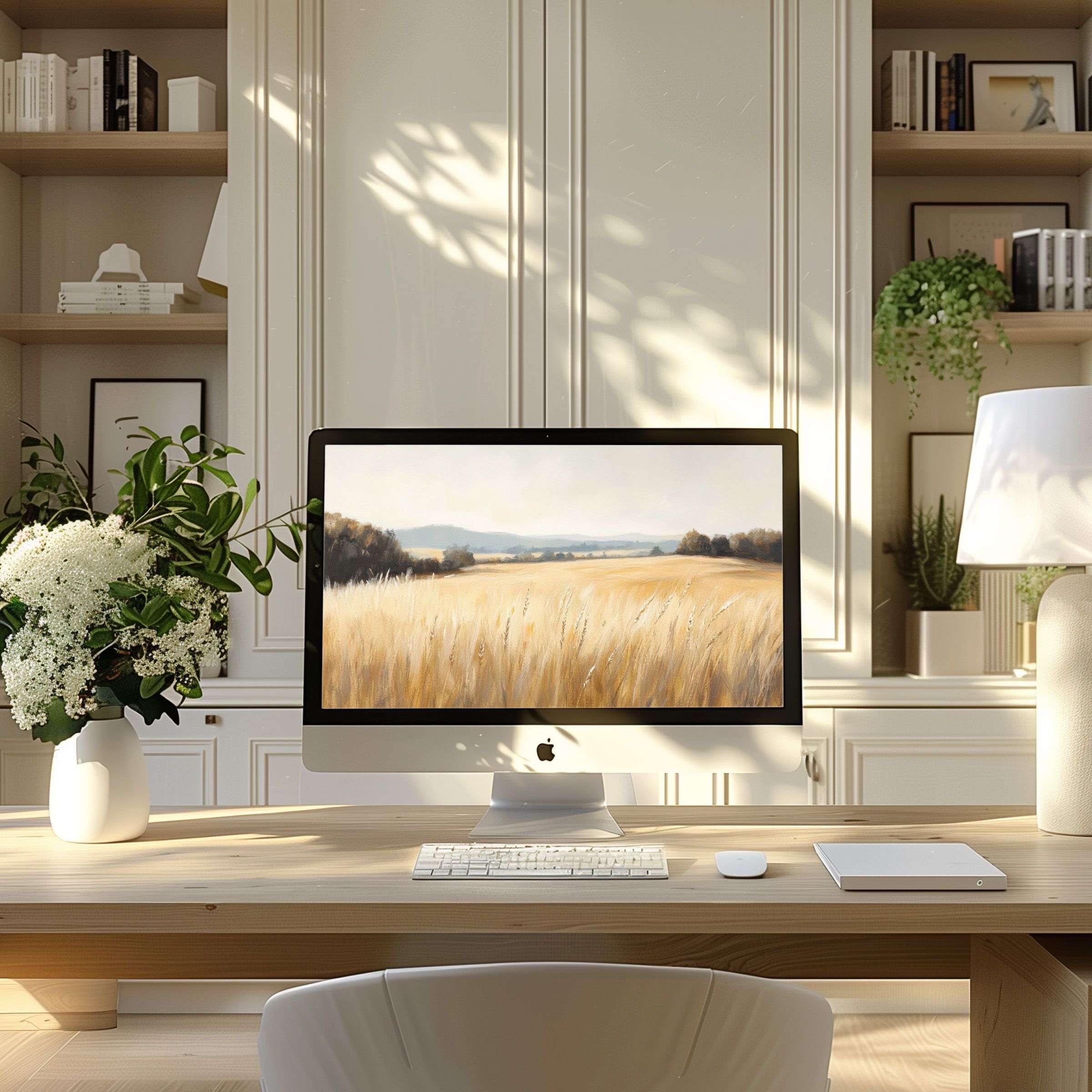 Elegant wheat field digital art wallpaper for computer inspires calm in modern home office setting, perfect for PC and laptop use