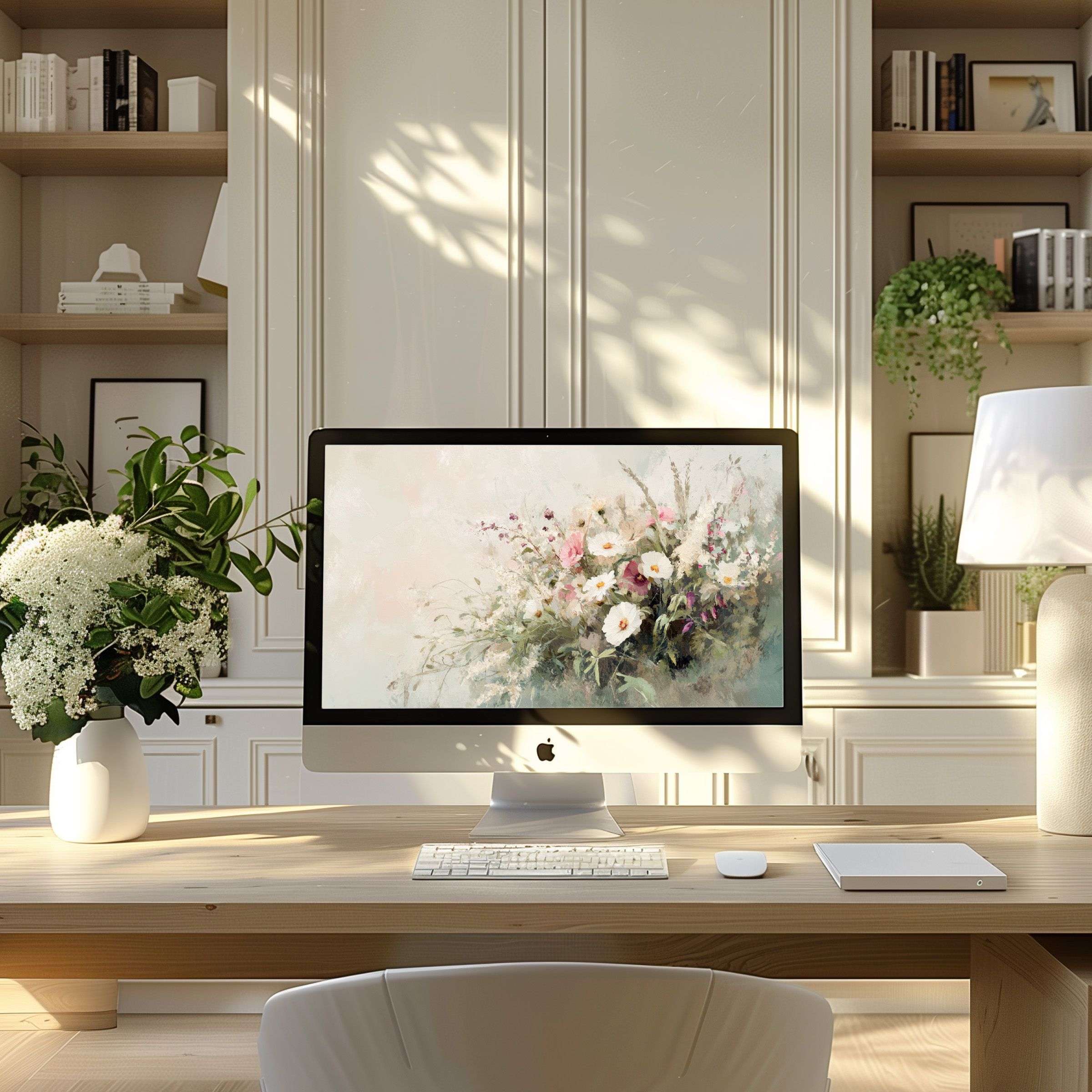 Serene floral artwork digital download perfect as wallpaper for computer, PC, or laptop, enhancing modern home office elegance