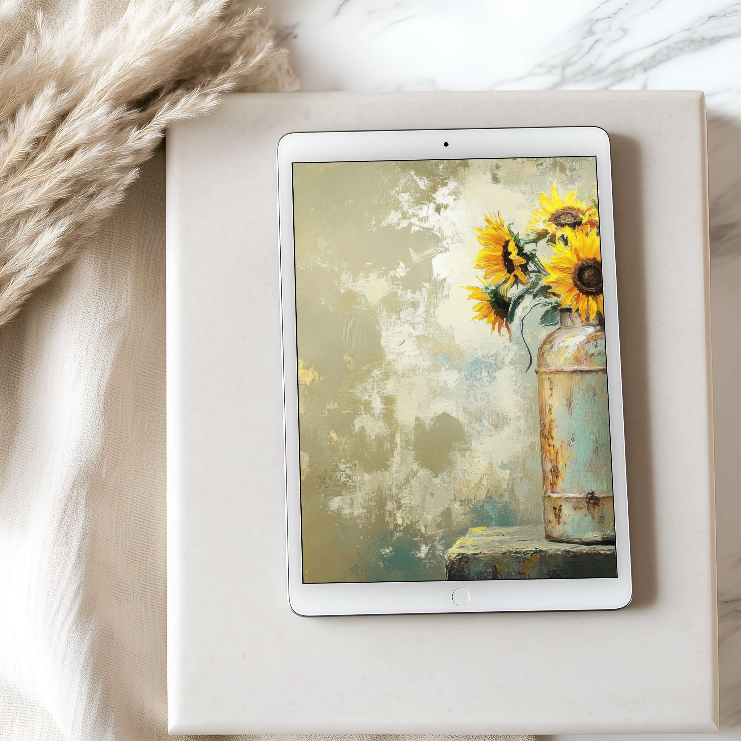 Elegant sunflower tablet wallpaper on iPad featuring rustic hues and calming textures, perfect for digital download and timeless design