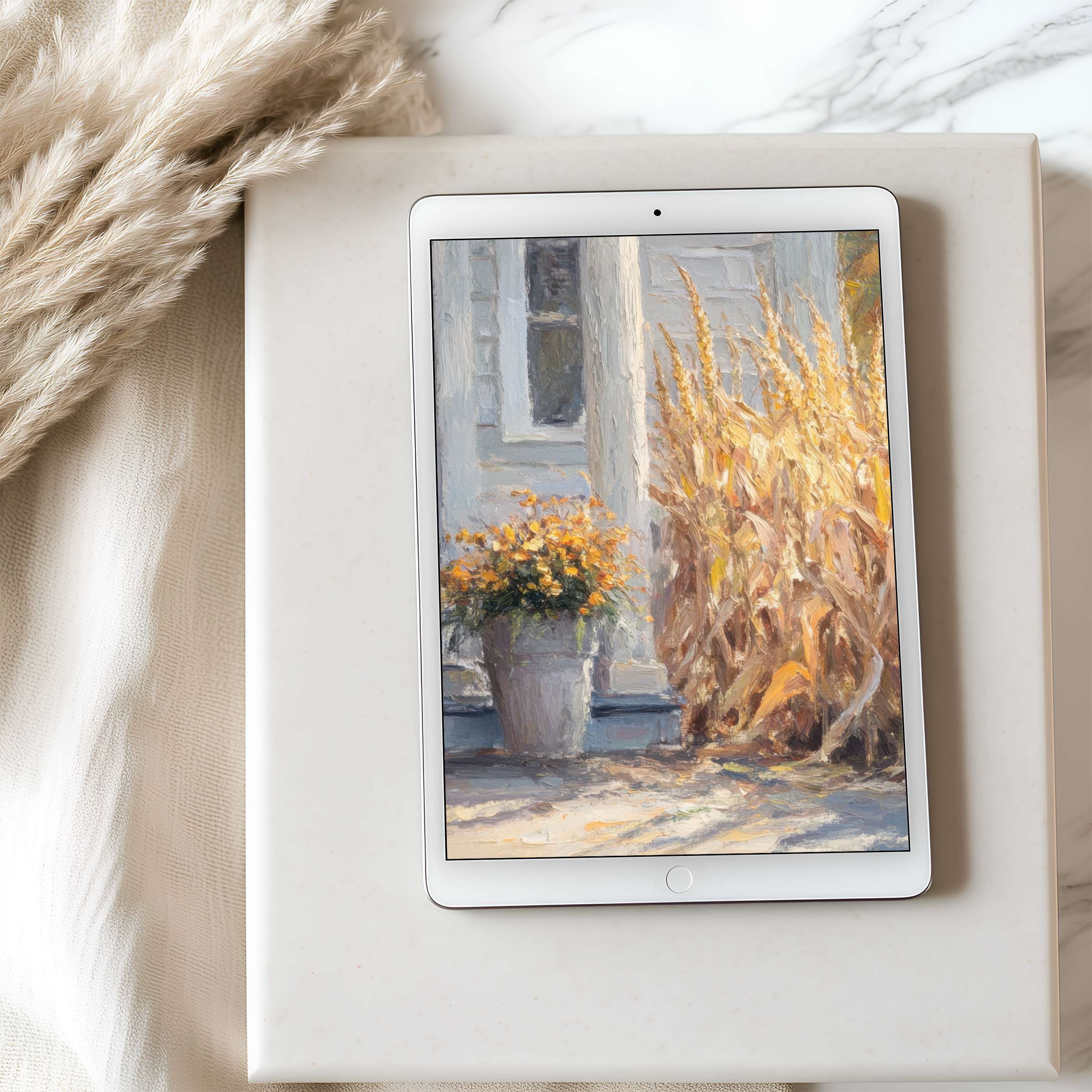 Elegant tablet wallpaper featuring a serene, high-resolution autumn painting with golden hues, ideal for iPad and Android tablets, digital download