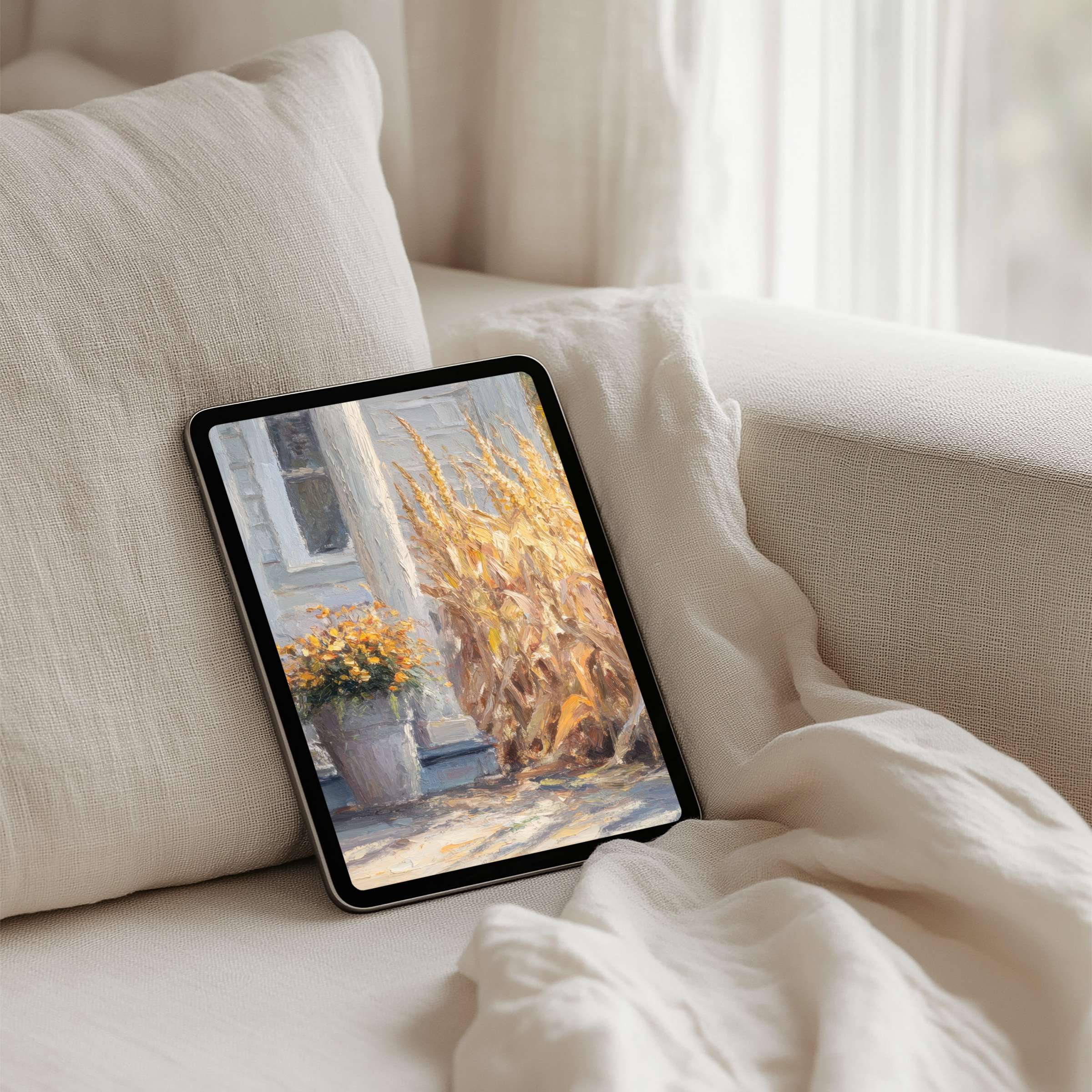 Elegant iPad background with autumn foliage in soft light, perfect for instant download on any tablet, inspiring calm and mindfulness