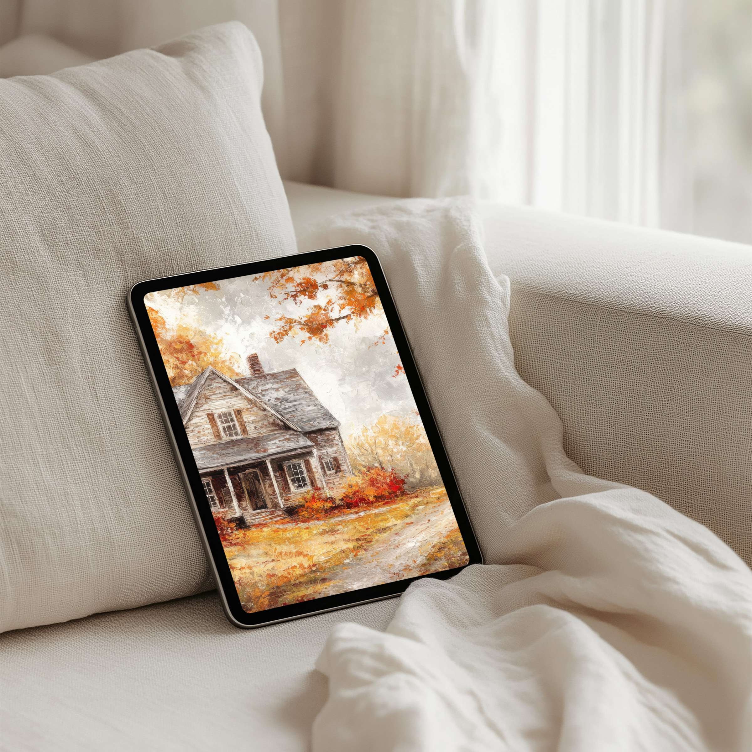 Cozy cottage autumn scene iPad background evokes calm elegance instant download fits all tablets inspiring mindful interiors