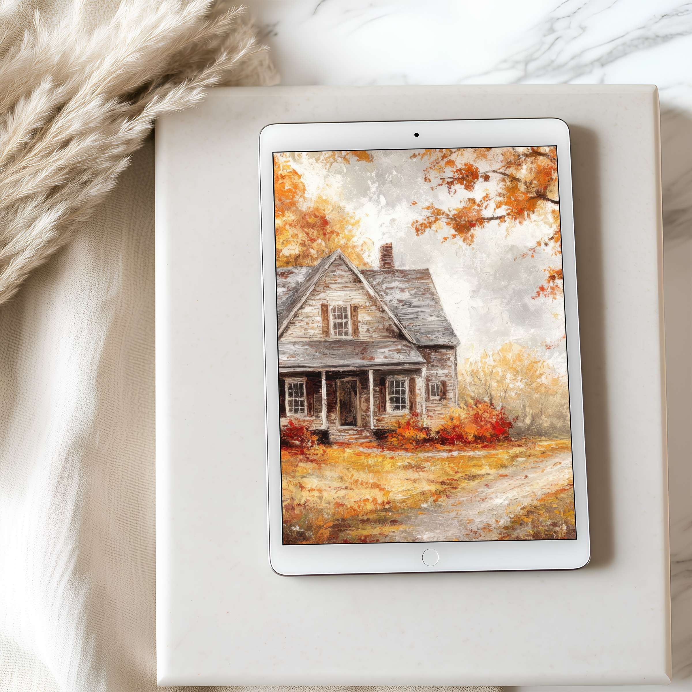 Elegant tablet wallpaper featuring a rustic autumn cottage in soft hues, ideal for high-resolution iPad downloads, enhancing tranquility