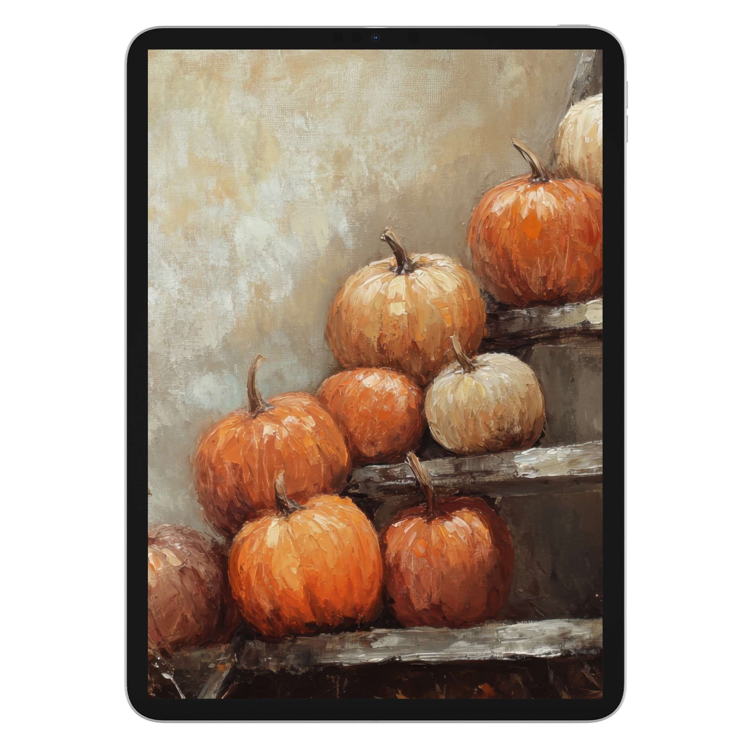 Farmhouse iPad wallpaper featuring elegant pumpkins on rustic wood creates a calming tablet background available as a digital download