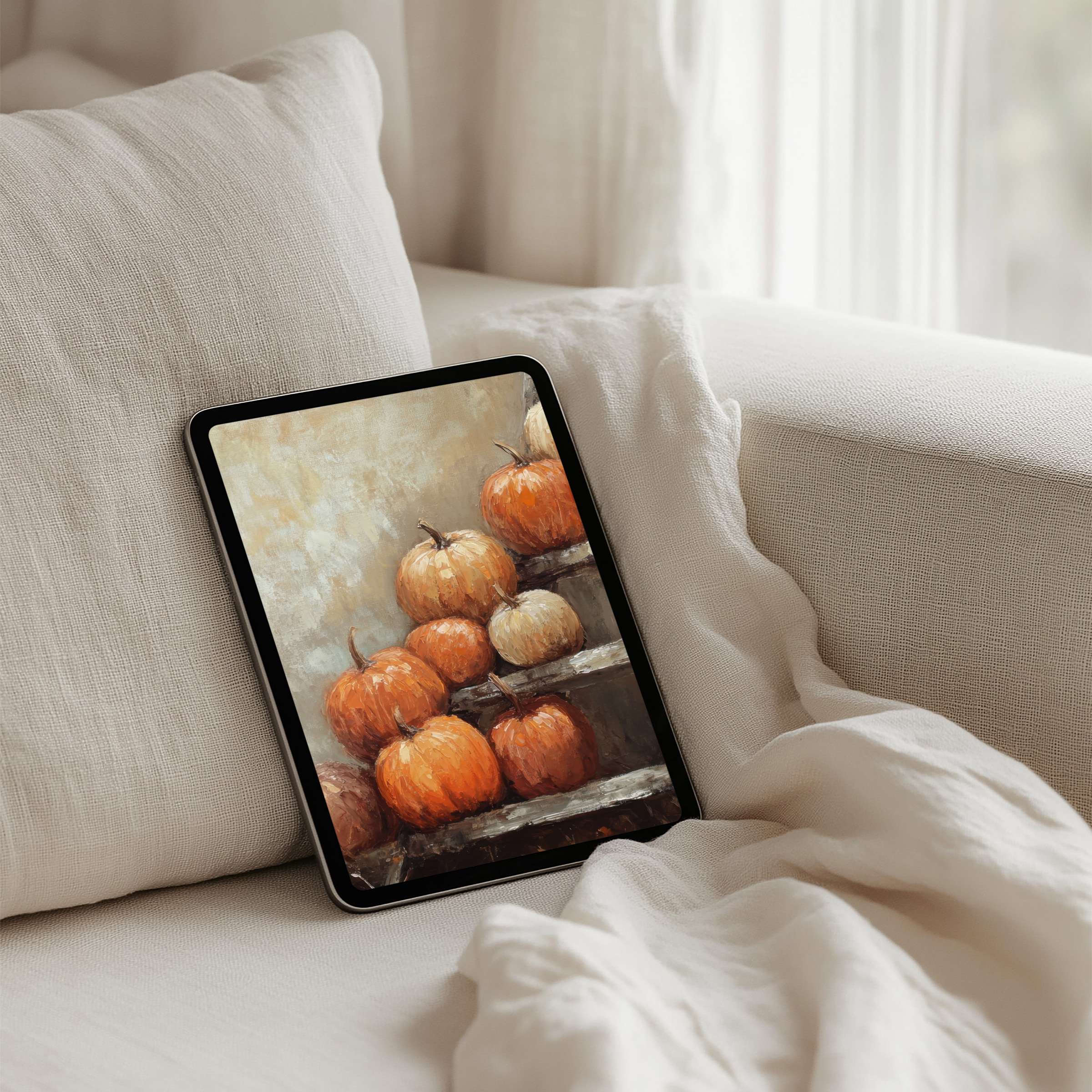 Calm, elegant iPad background featuring rustic pumpkins by a window for instant download on any tablet fostering mindfulness and style