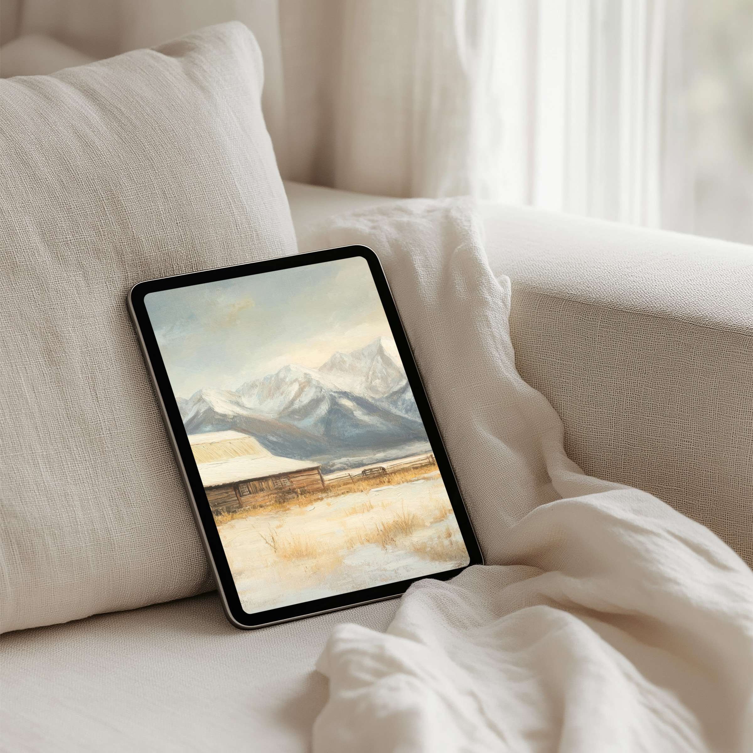 Elegant iPad background painting of serene mountains for tablet users seeking calm, instant download for mindful inspiration