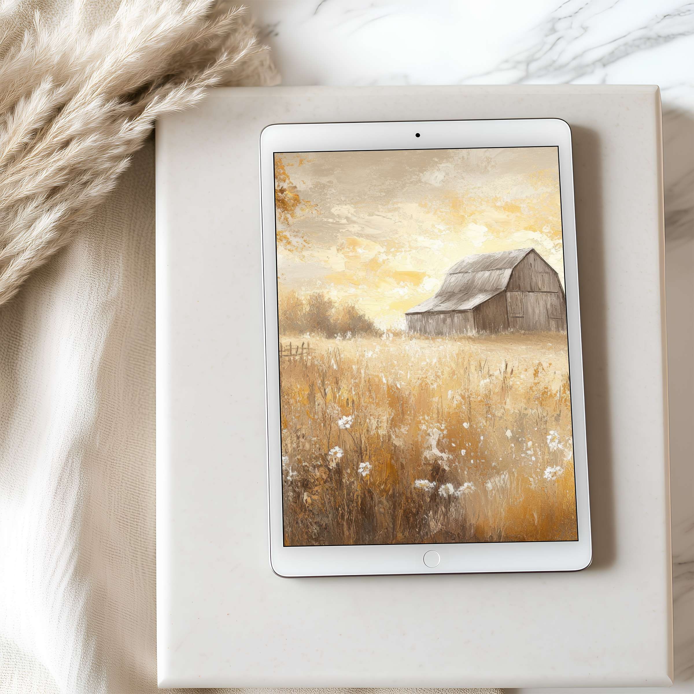Elegant tablet wallpaper features a serene barn scene in warm tones, curated for iPad and Android tablets, perfect for a calming interior ambiance