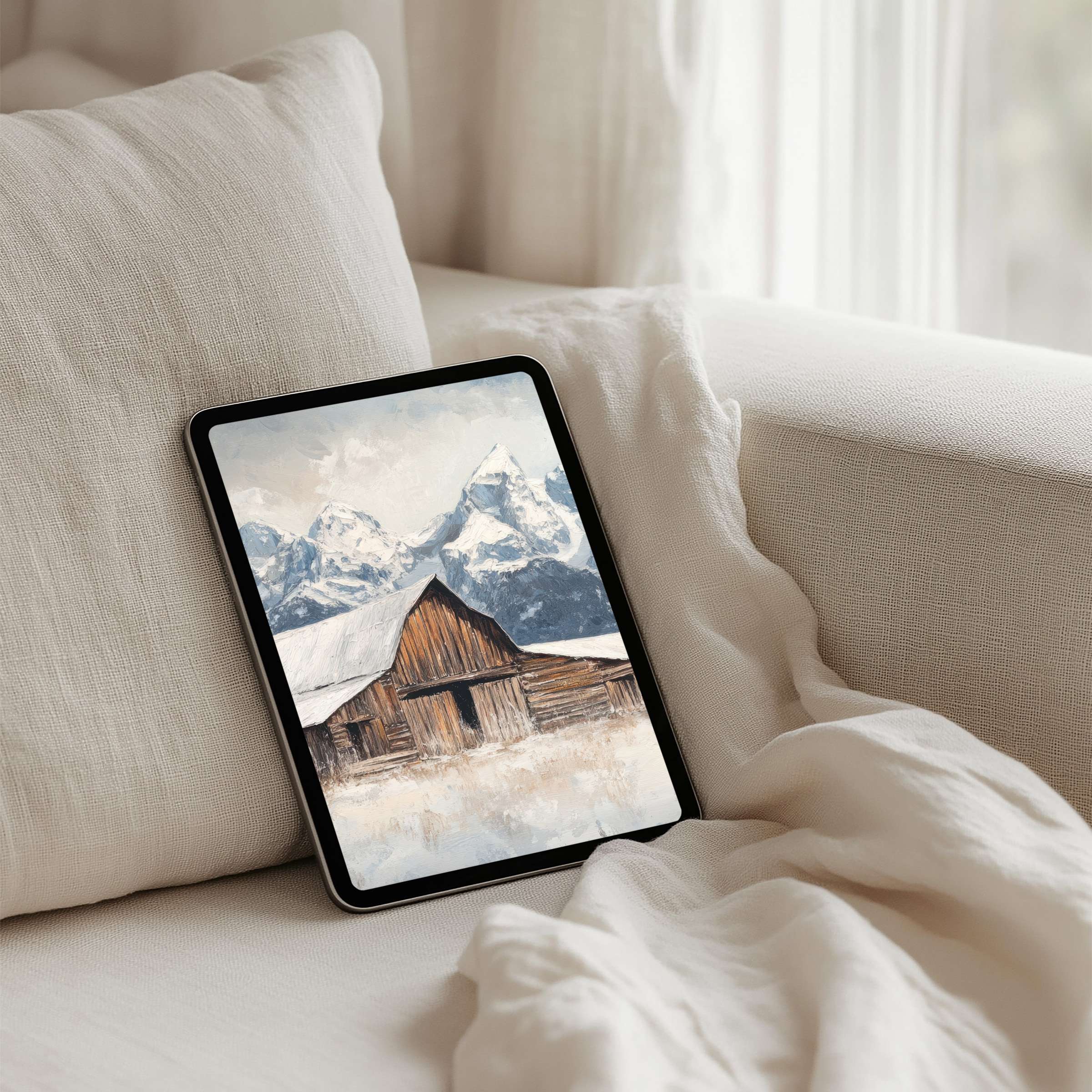 Download this elegant, calming iPad background featuring a rustic barn and snowy mountains for your tablet instant download today
