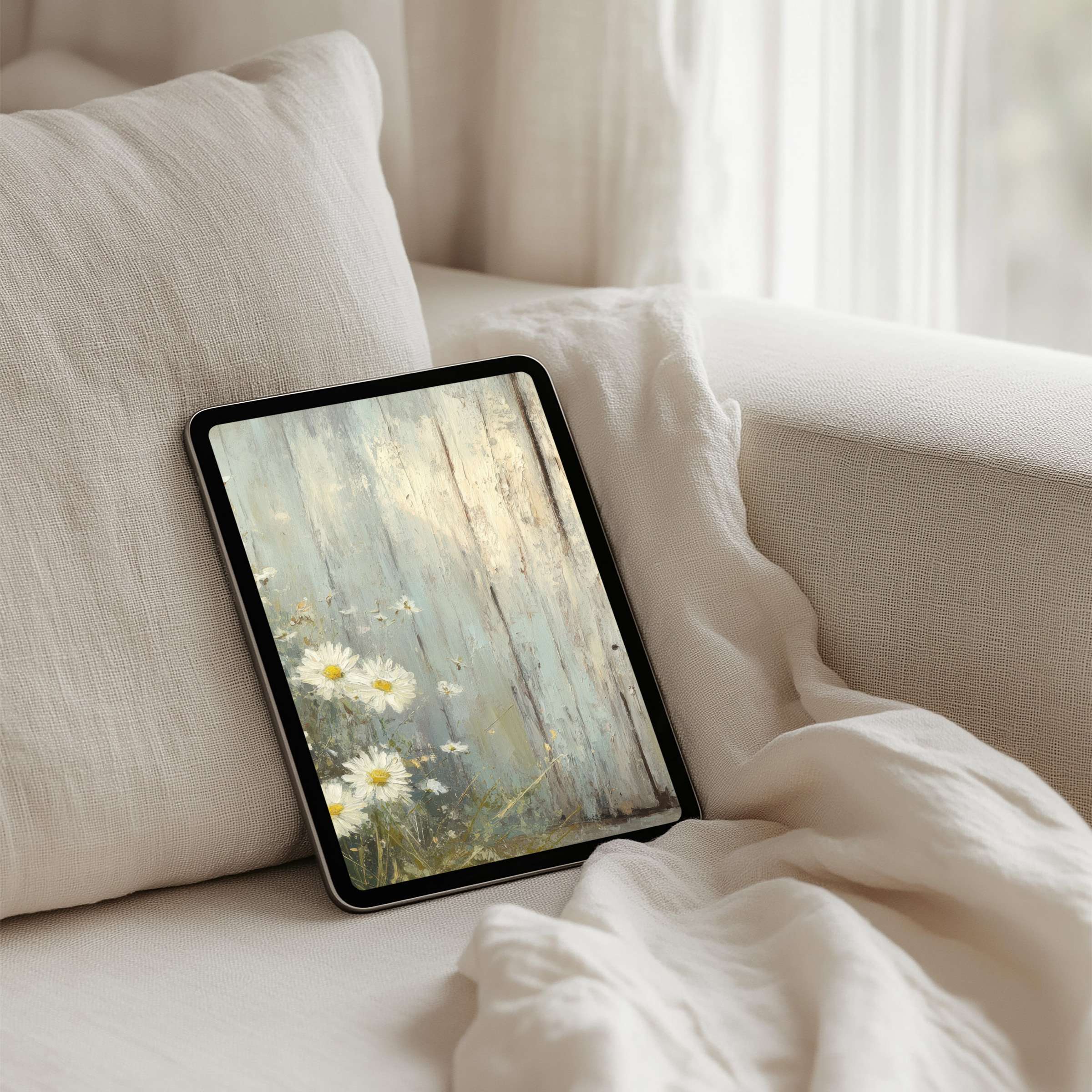 Serene iPad background with rustic wood and daisies inspires calm elegance instant download for any tablet user seeking mindfulness