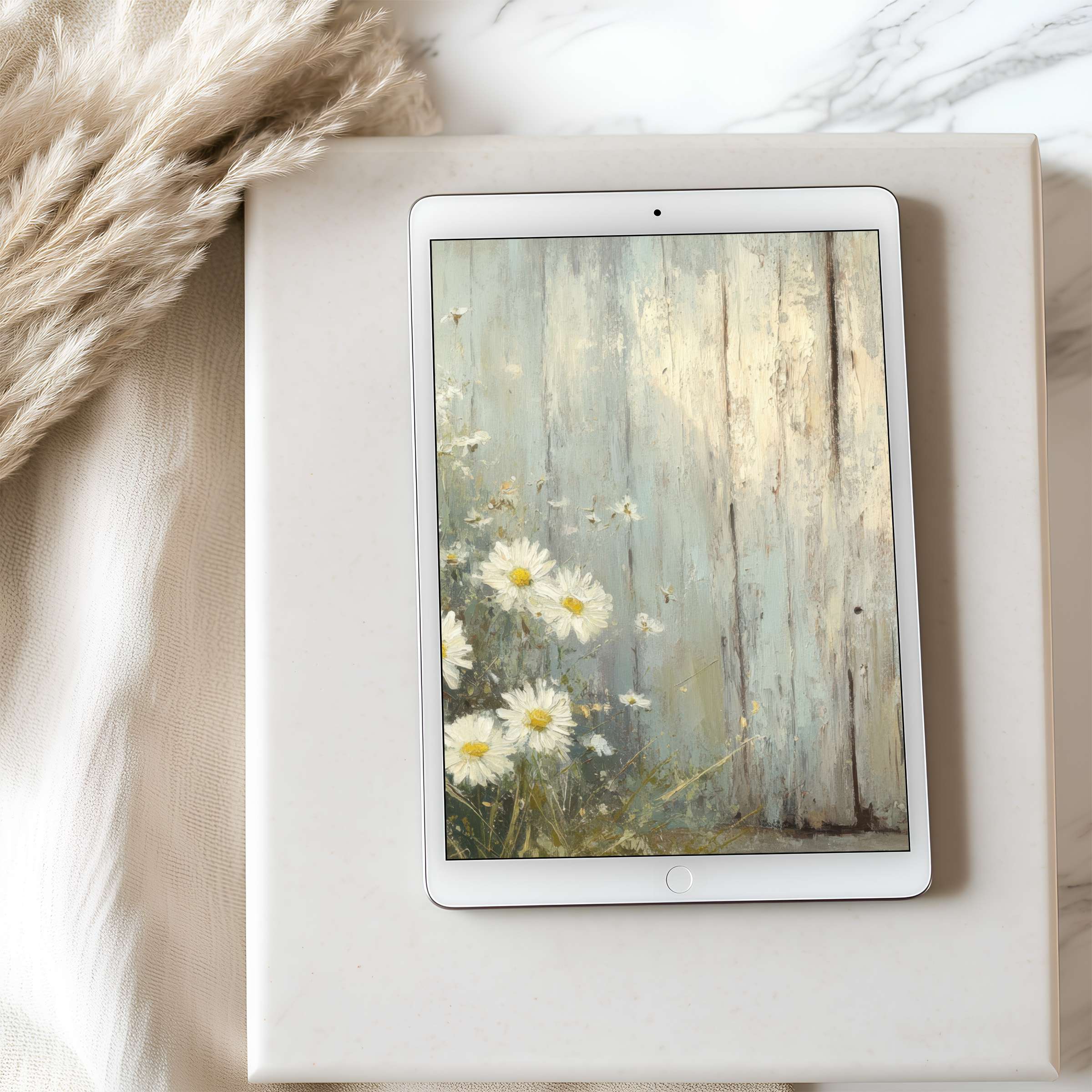 Elegant daisy motif on a curated high resolution tablet wallpaper offers serene elegance fitting for digital download on iPad