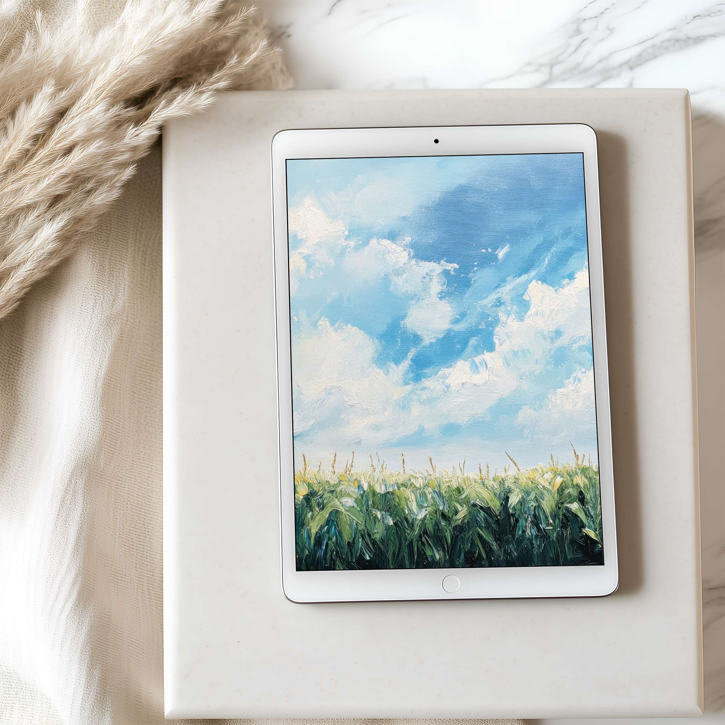 Elegant tablet wallpaper featuring serene skies and fields, perfect for high resolution downloads on iPad or Android tablets enhancing calm