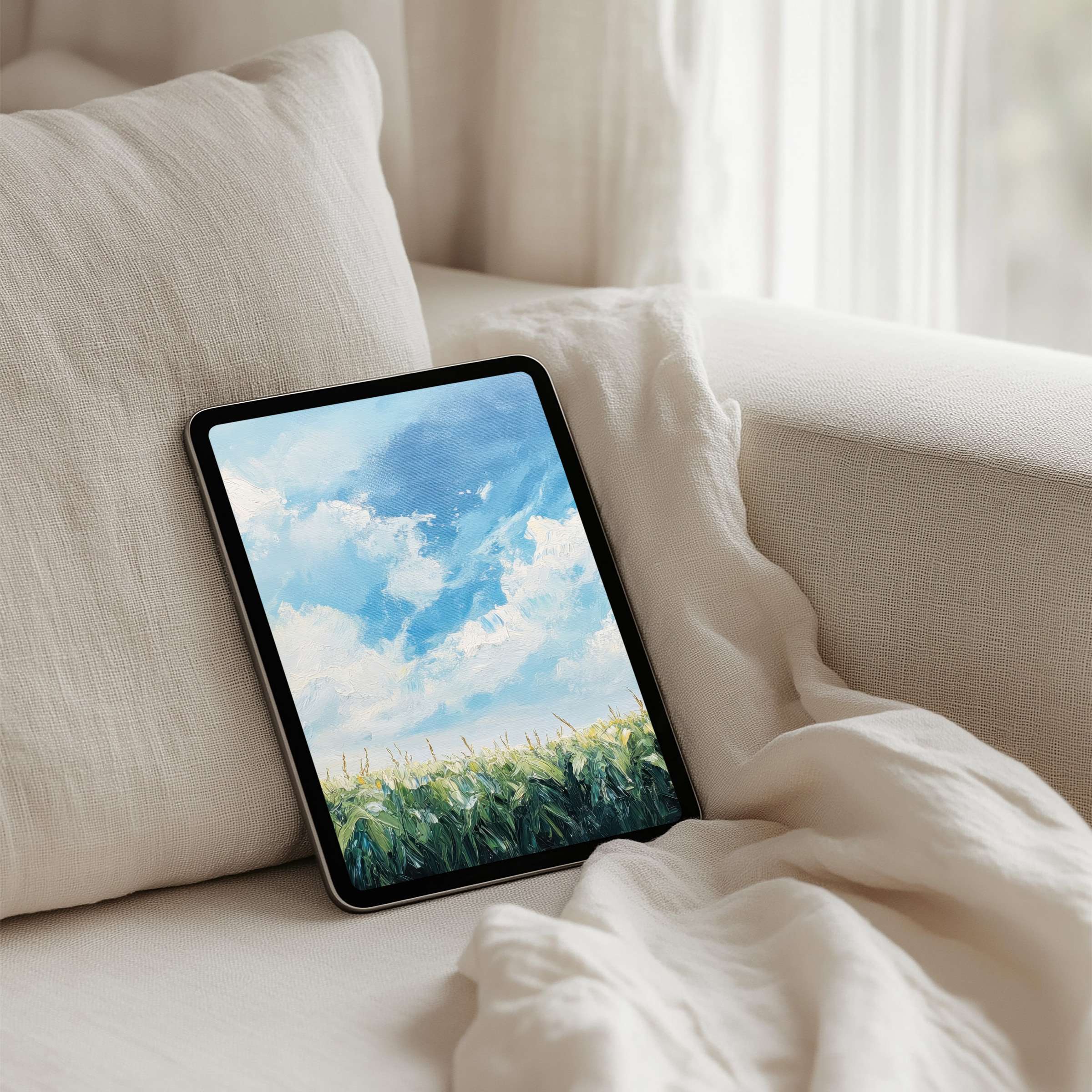 Elegant iPad background with serene sky painting invites calm, instant download for any tablet, inspiring mindful aesthetics