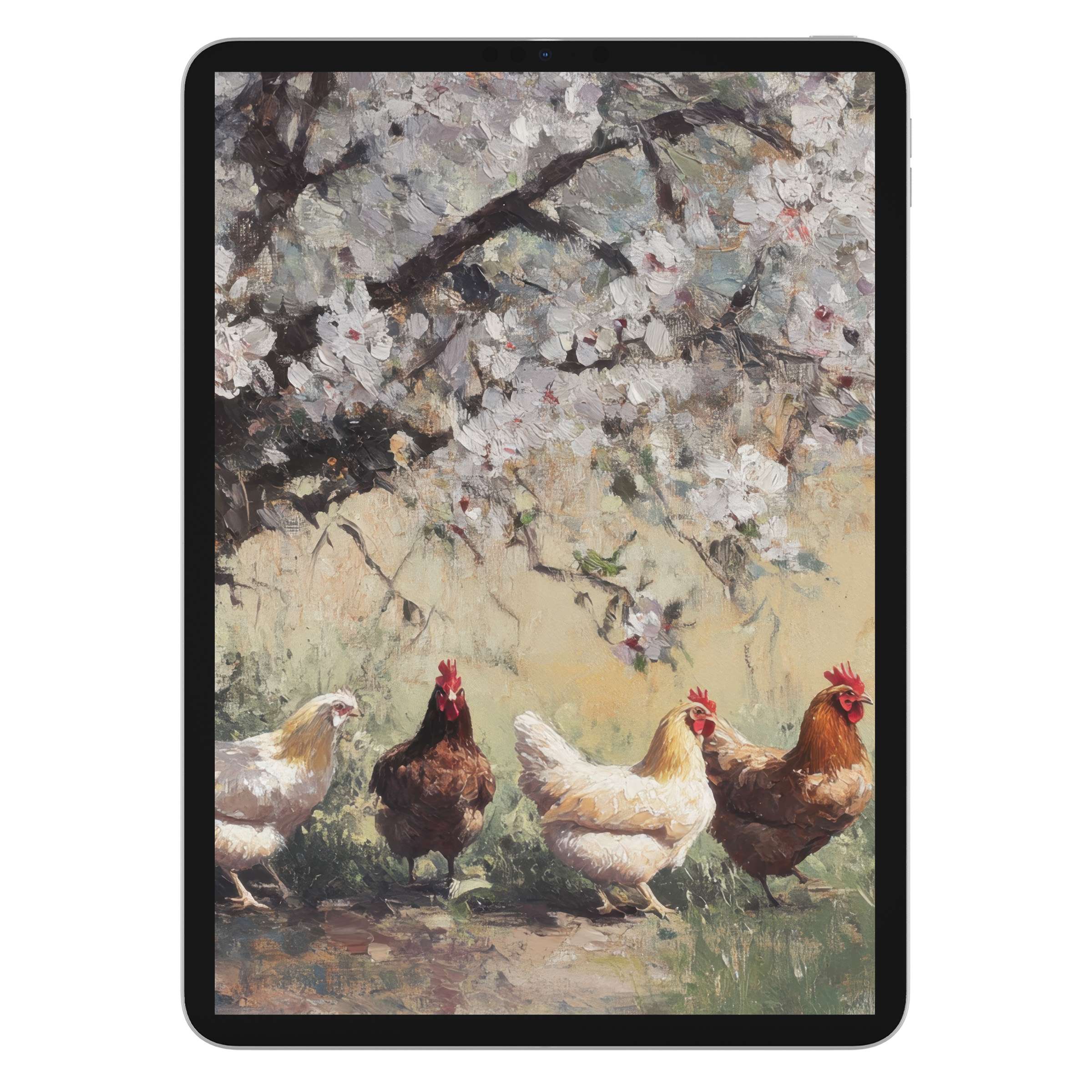 Farmhouse iPad wallpaper with charming chickens under blossom trees, creating a serene background for digital download on tablets