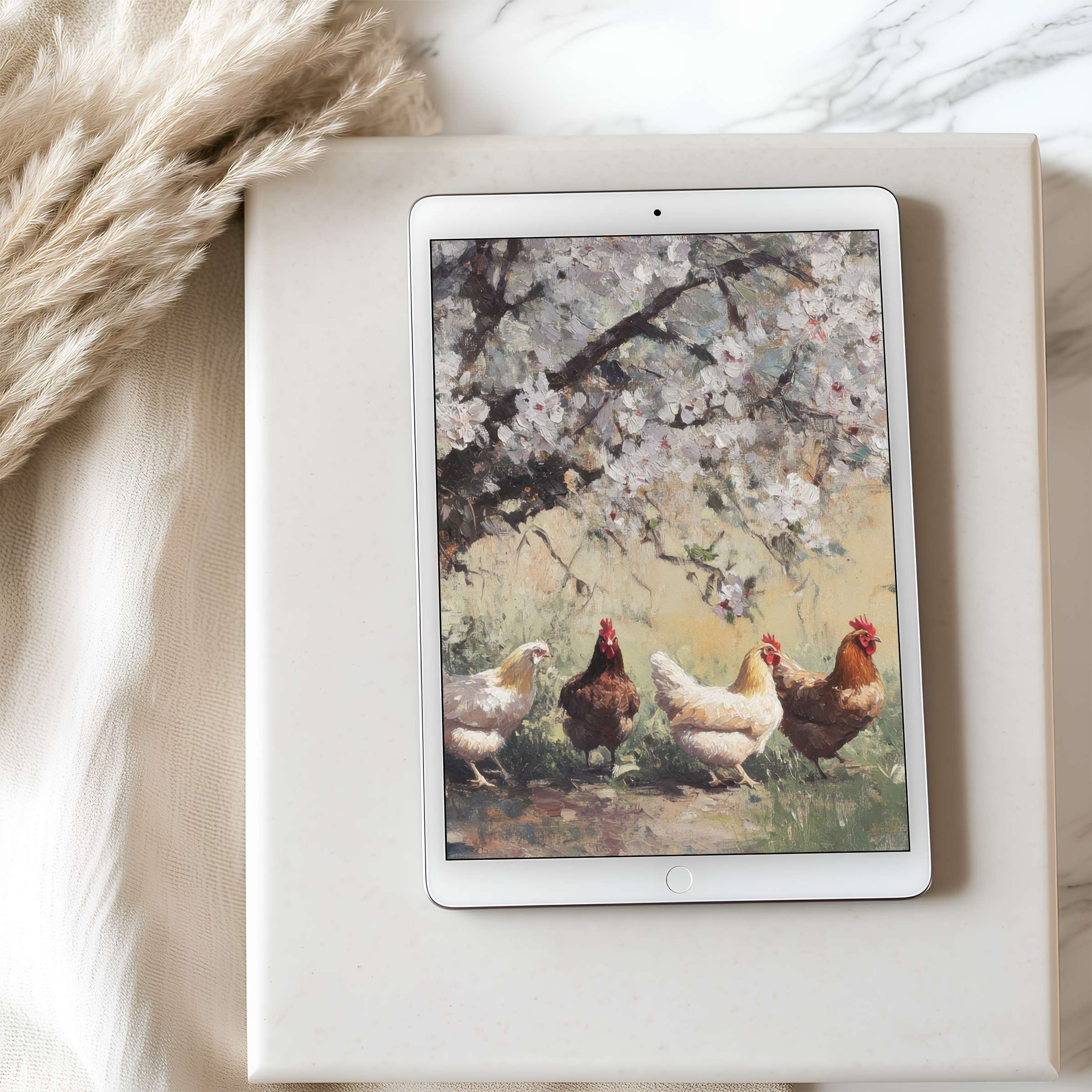 Elegant tablet wallpaper featuring chickens under a blossoming tree in soft, earthy tones, perfect for iPad or Android high resolution