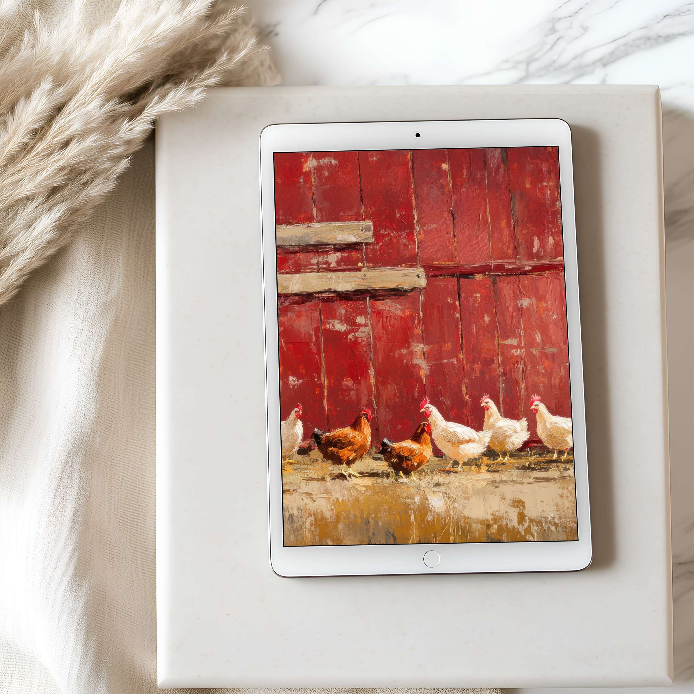 Charming farmhouse tablet wallpaper featuring vibrant red barn and chickens in rustic style perfect for iPad and Android digital download