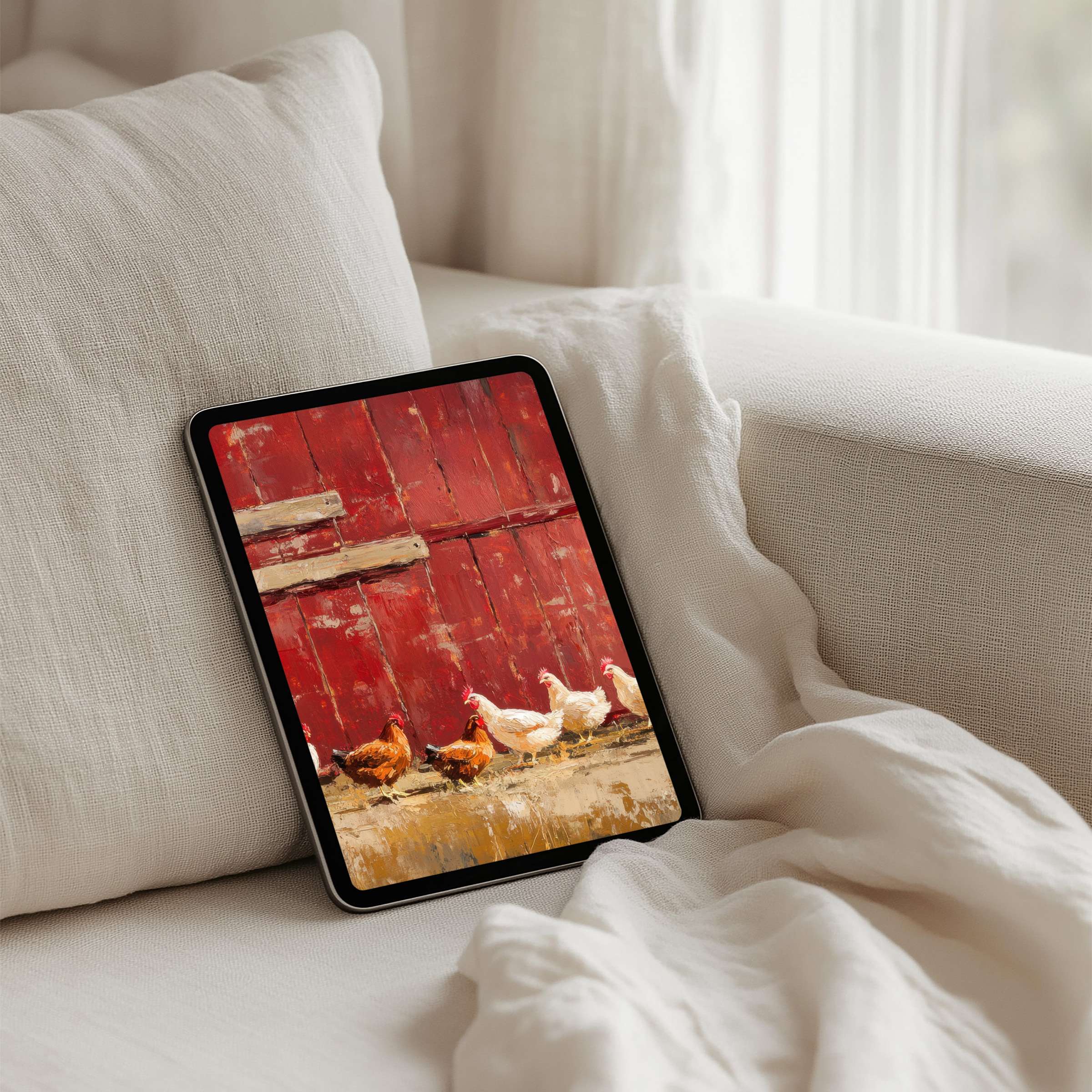 Rustic charm for your iPad background with red barn and chickens offering instant download for Samsung and Android tablets inspiring calm