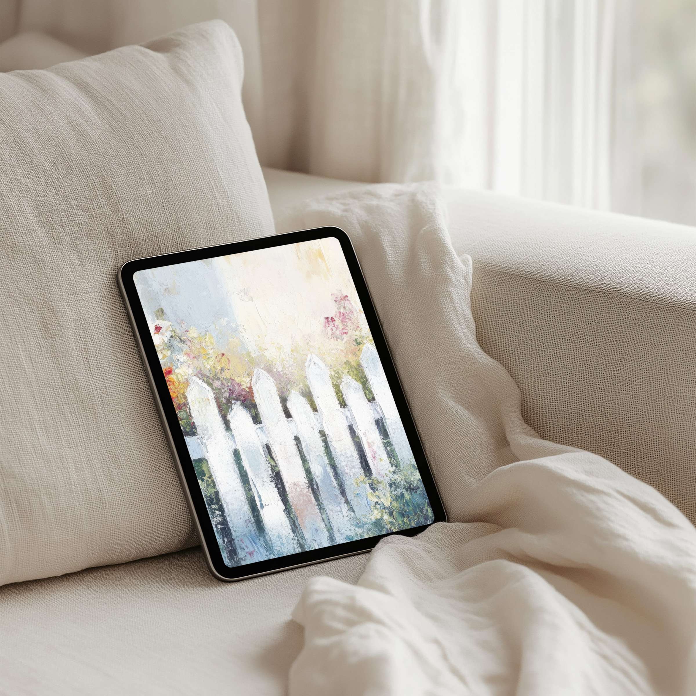 Elegant iPad background with soft pastel garden scene evokes calm and mindfulness for any tablet instant download available
