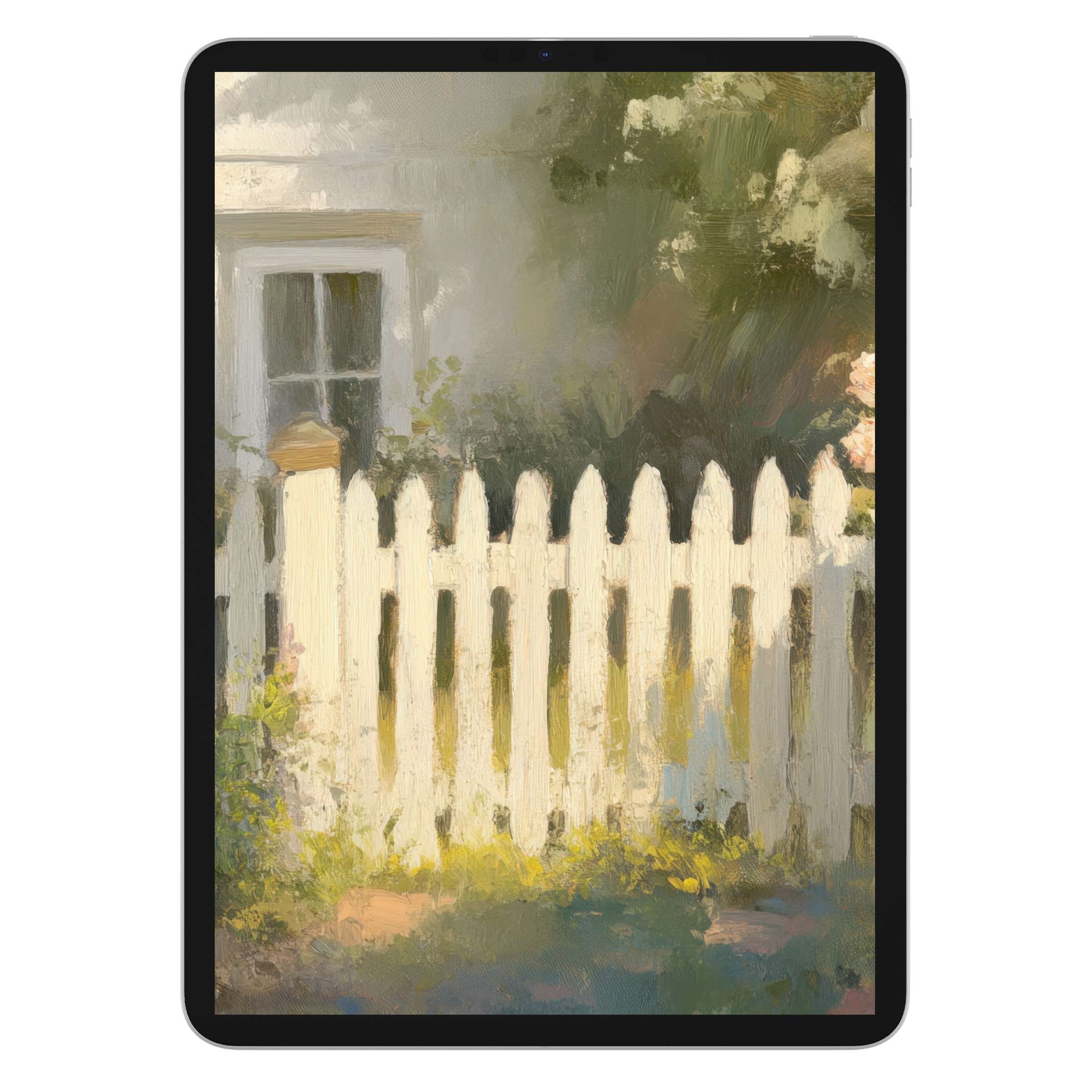 Elegant farmhouse iPad wallpaper featuring a serene painted picket fence and lush greenery background for tablet digital download charm