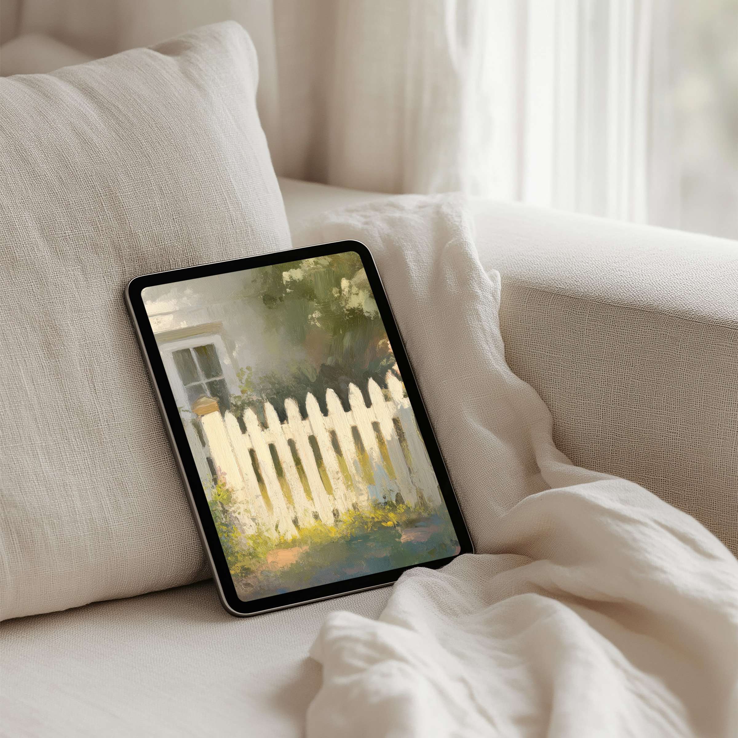 Elegant iPad background with a serene garden fence art, perfect for tablet users seeking calm, instant download inspiration
