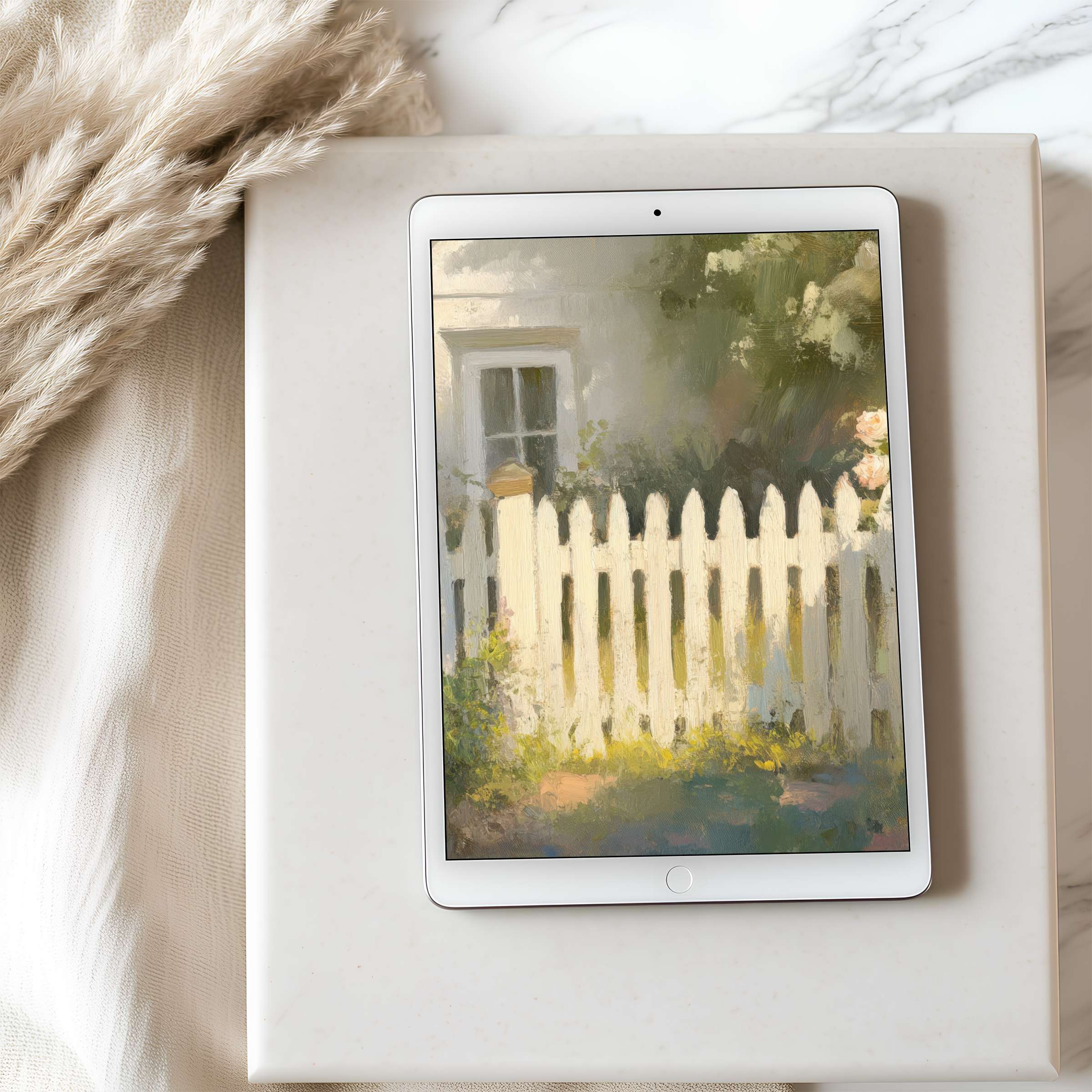 Elegant tablet wallpaper showcasing a serene painted garden scene Perfect digital download for high-resolution iPad use, adding stylish calm