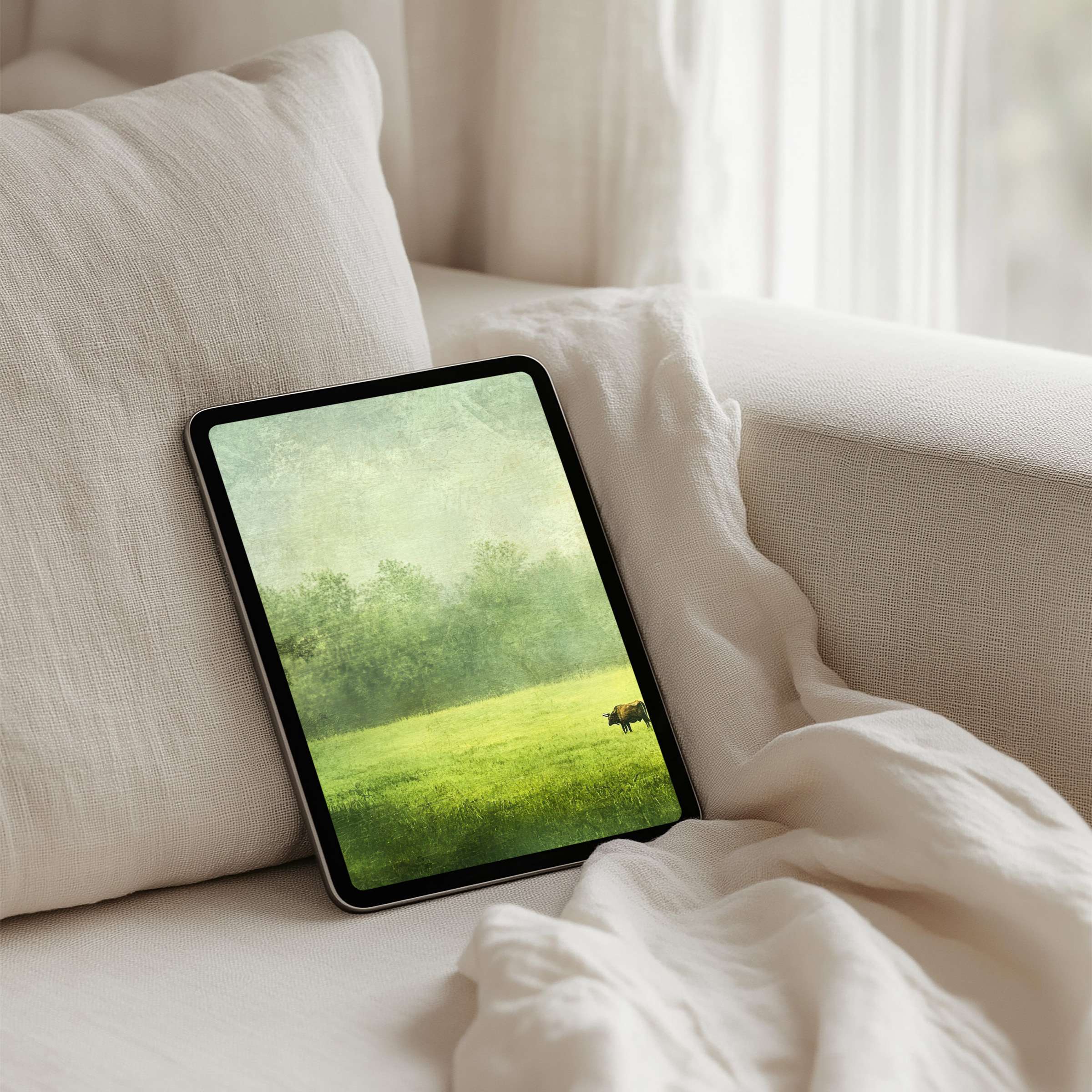Elegant iPad background depicting serene green fields evokes mindfulness and inspiration fits any tablet instant download available