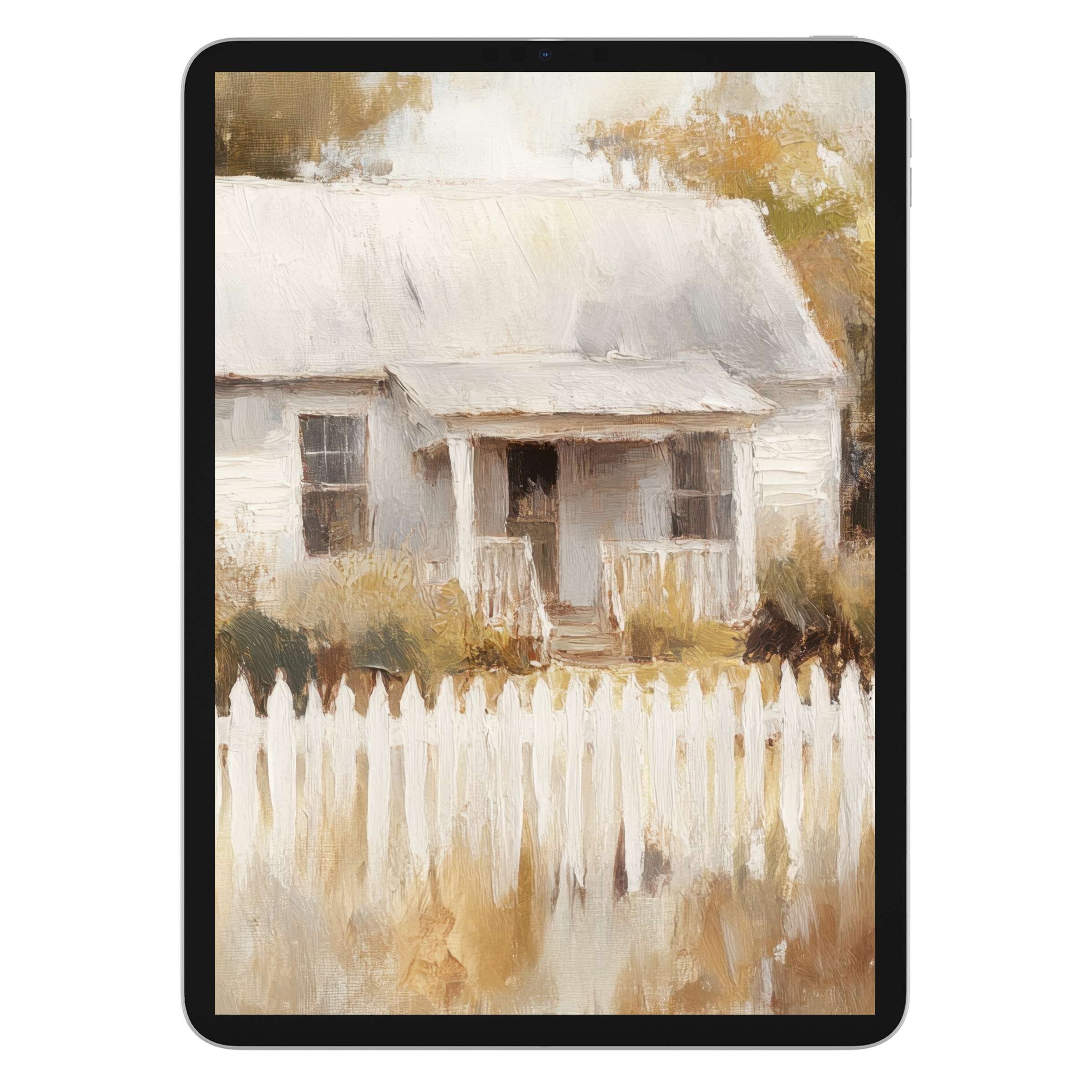 Charming farmhouse iPad wallpaper as a digital download for tablets, featuring a serene rustic background with elegant brushstrokes