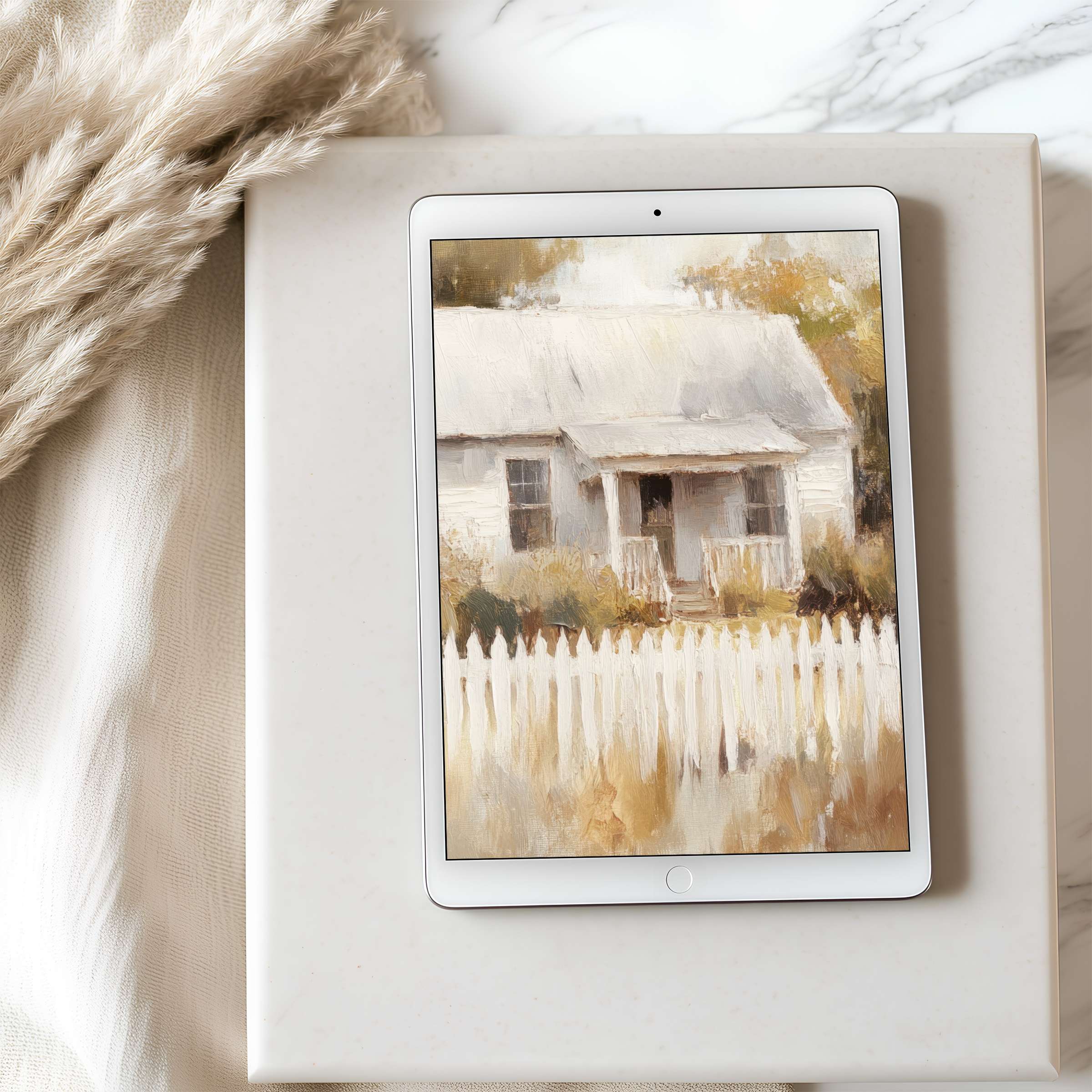 Tranquil tablet wallpaper featuring a serene cottage and picket fence in soft pastels, ideal for iPad with high-resolution clarity download
