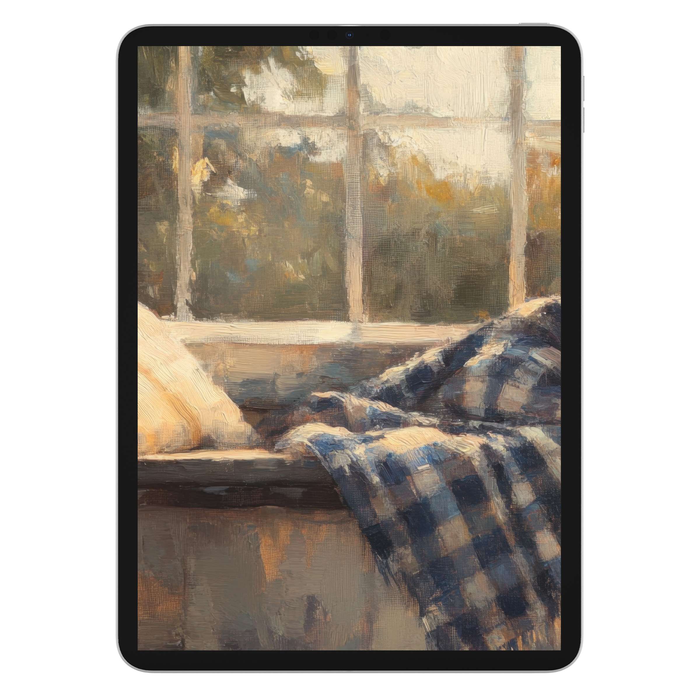 Cozy farmhouse iPad wallpaper with soft plaid textures and warm sunlight, perfect digital download background for any tablet